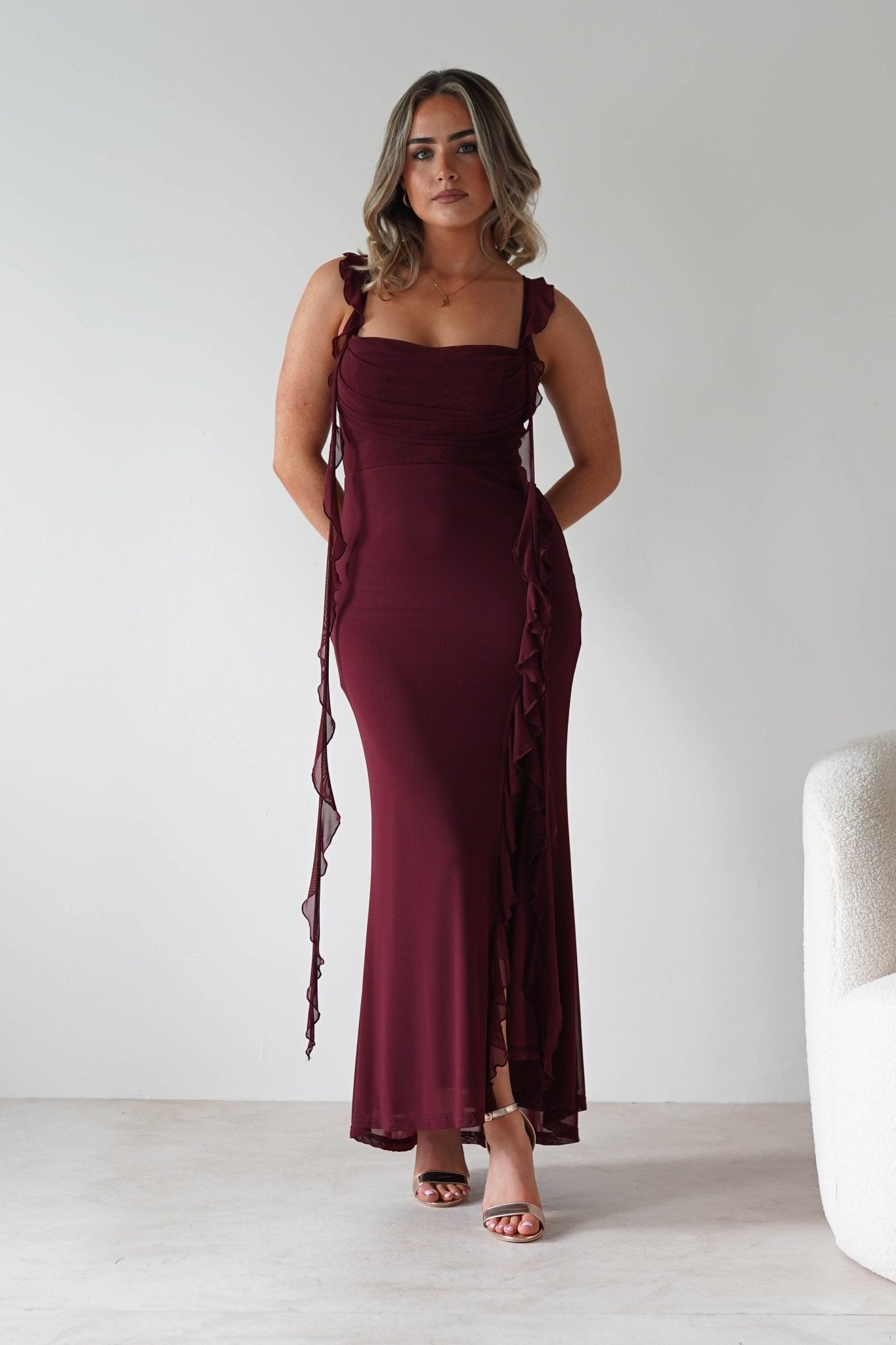 Mhissa Ruffle Maxi Dress | Burgundy | Oh Hello Clothing | XS (6)