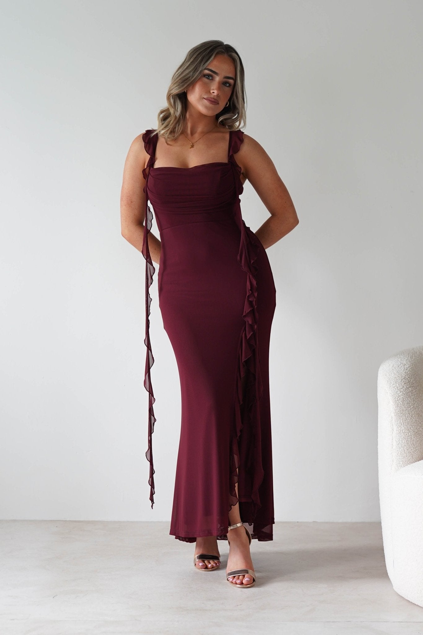 Mhissa Ruffle Maxi Dress | Burgundy | Oh Hello Clothing | XS (6)