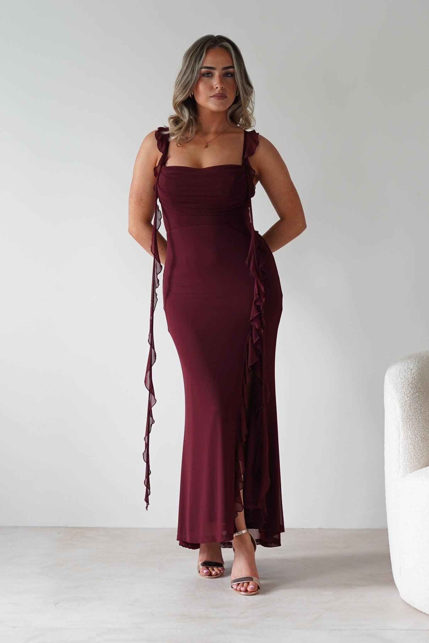 Mhissa Ruffle Maxi Dress | Burgundy | Oh Hello Clothing | XS (6)