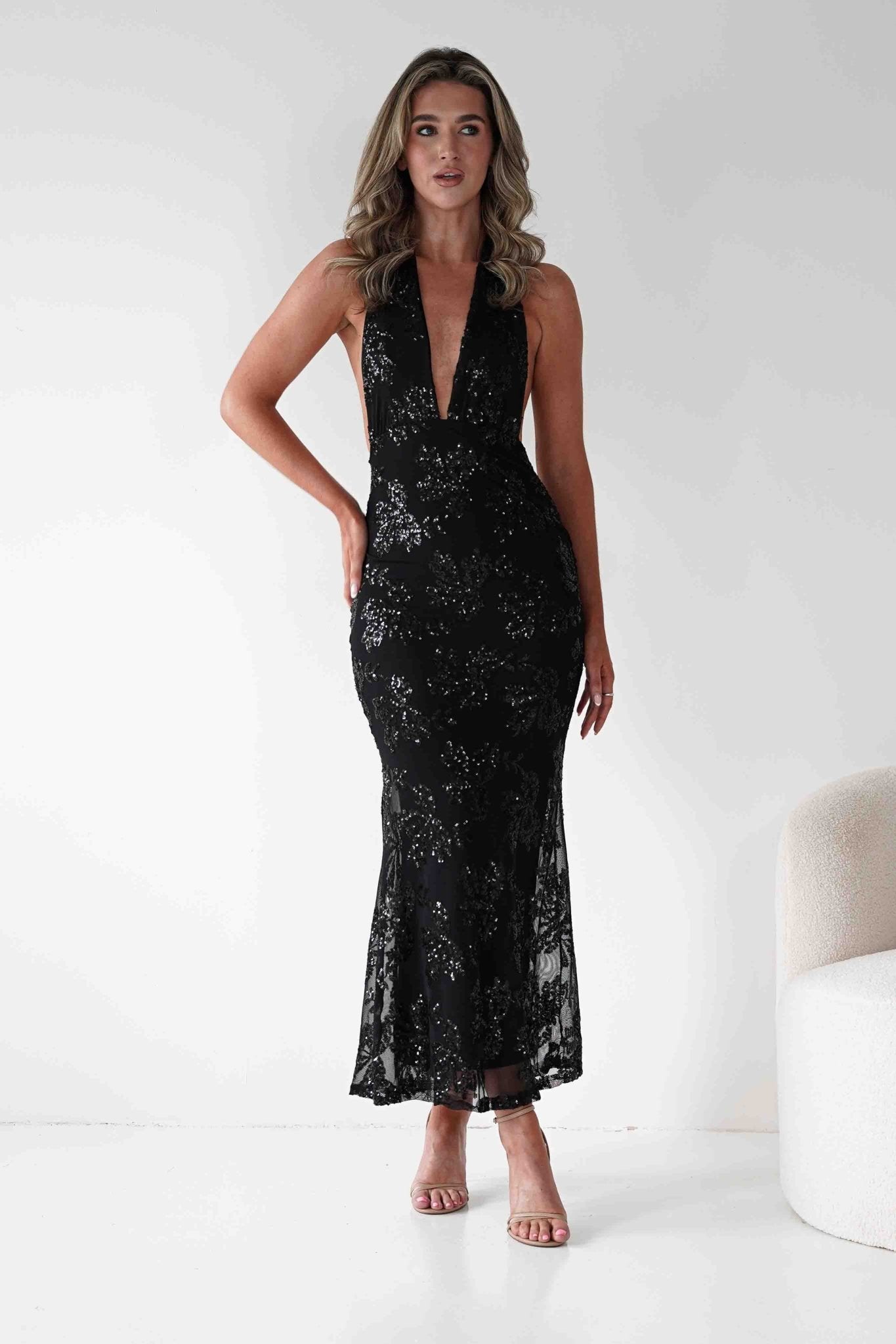 Michaela Halterneck Sequin Maxi Dress | Black | Oh Hello Clothing | S/M - (8 - 10)