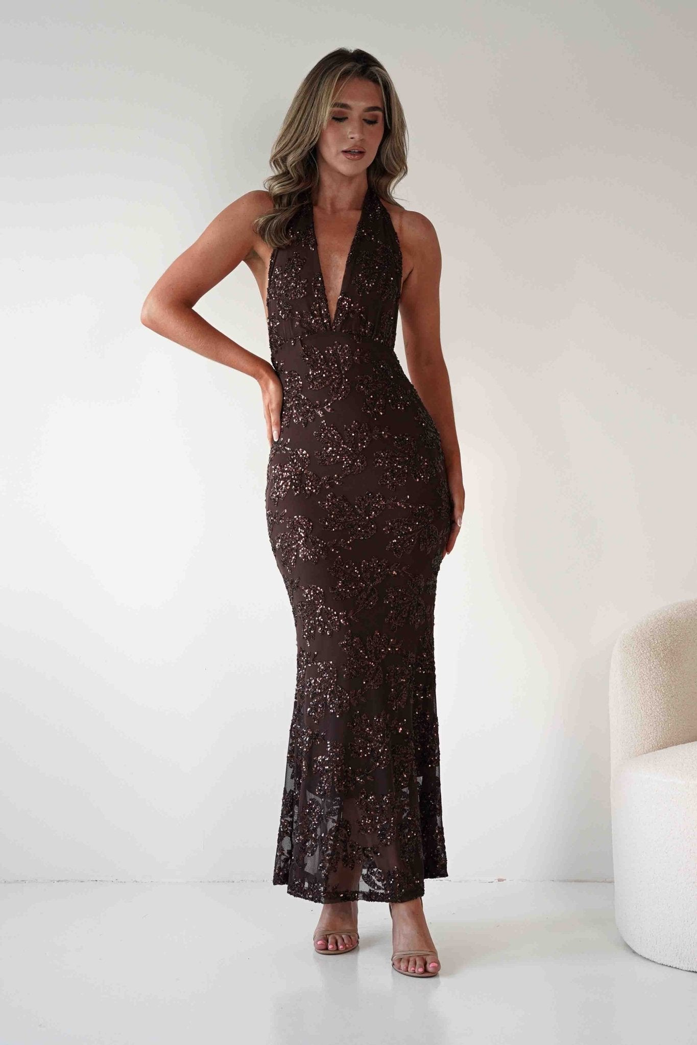 Michaela Halterneck Sequin Maxi Dress | Brown | Oh Hello Clothing | S/M - (8 - 10)