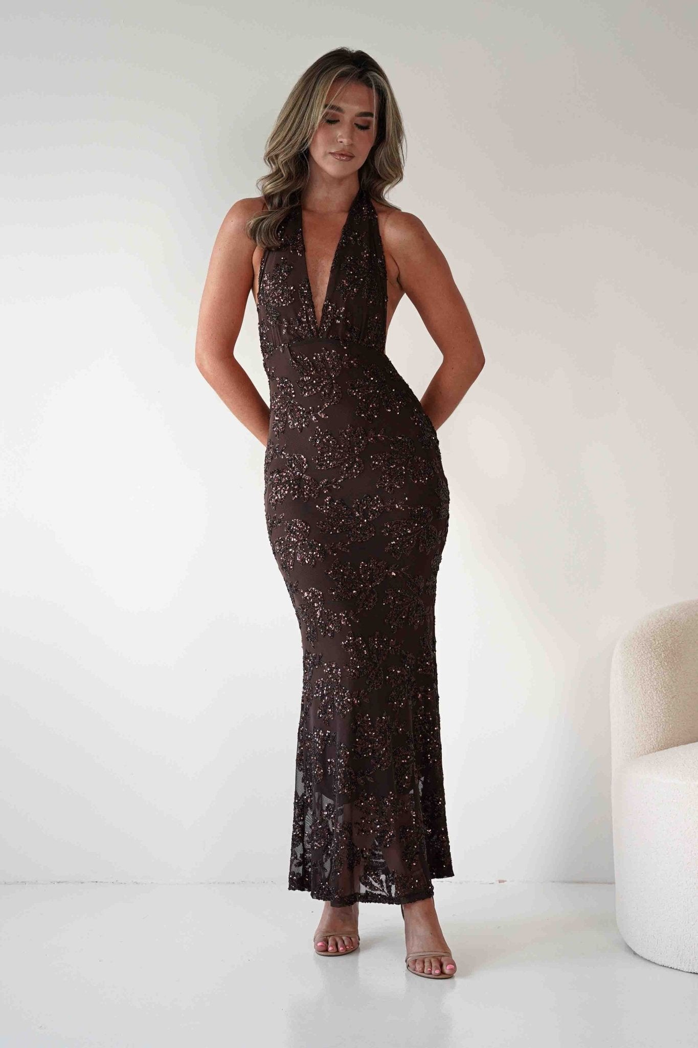 Michaela Halterneck Sequin Maxi Dress | Brown | Oh Hello Clothing | S/M - (8 - 10)