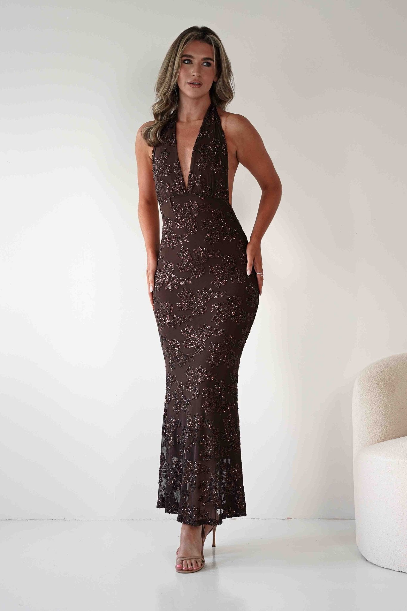 Michaela Halterneck Sequin Maxi Dress | Brown | Oh Hello Clothing | S/M - (8 - 10)