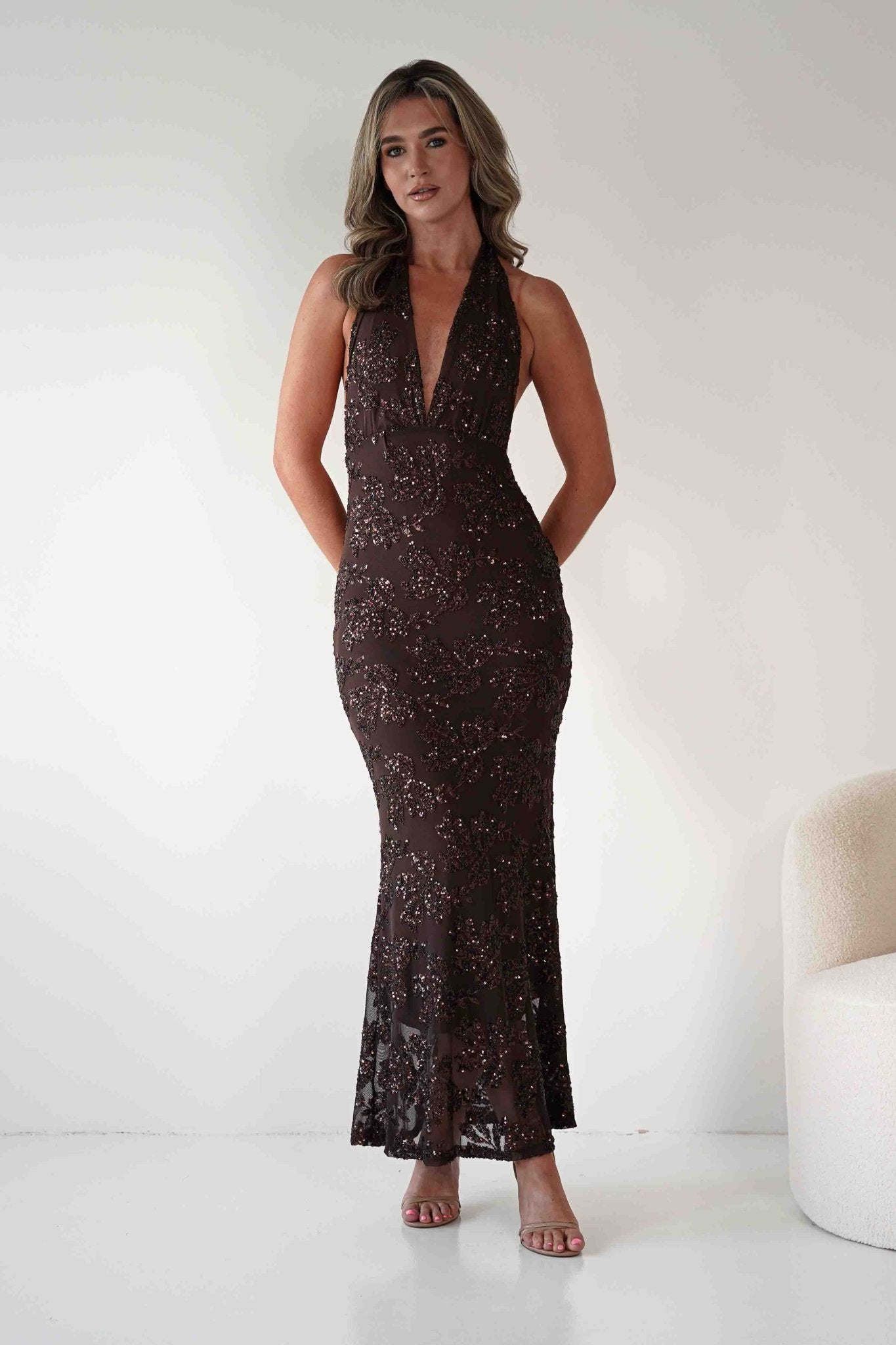 Michaela Halterneck Sequin Maxi Dress | Brown | Oh Hello Clothing | S/M - (8 - 10)
