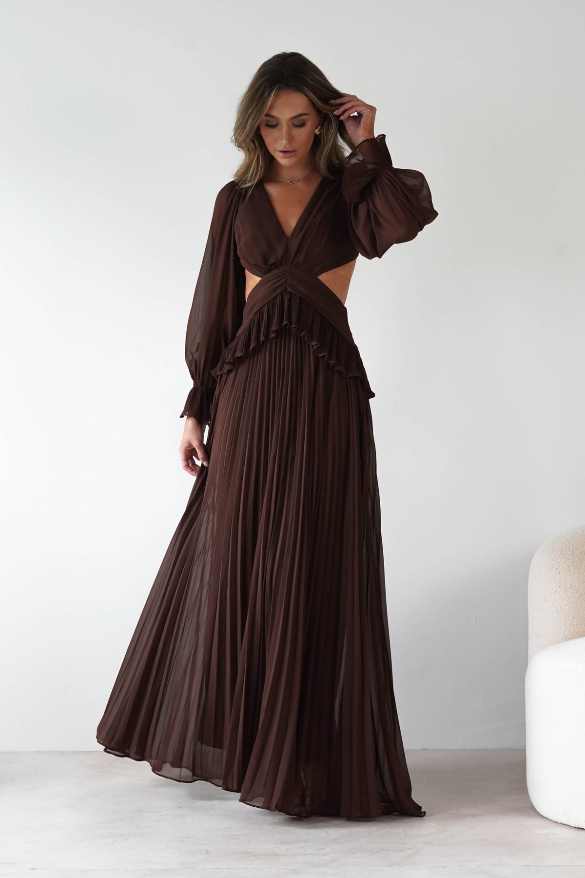 brown maxi wedding guest dress Middleton Pleated | Dress | Pleated Skirt Poplin Striped Sleeveless Smocked Waist 26 MAXI_DRESS Color:Hickory Brown