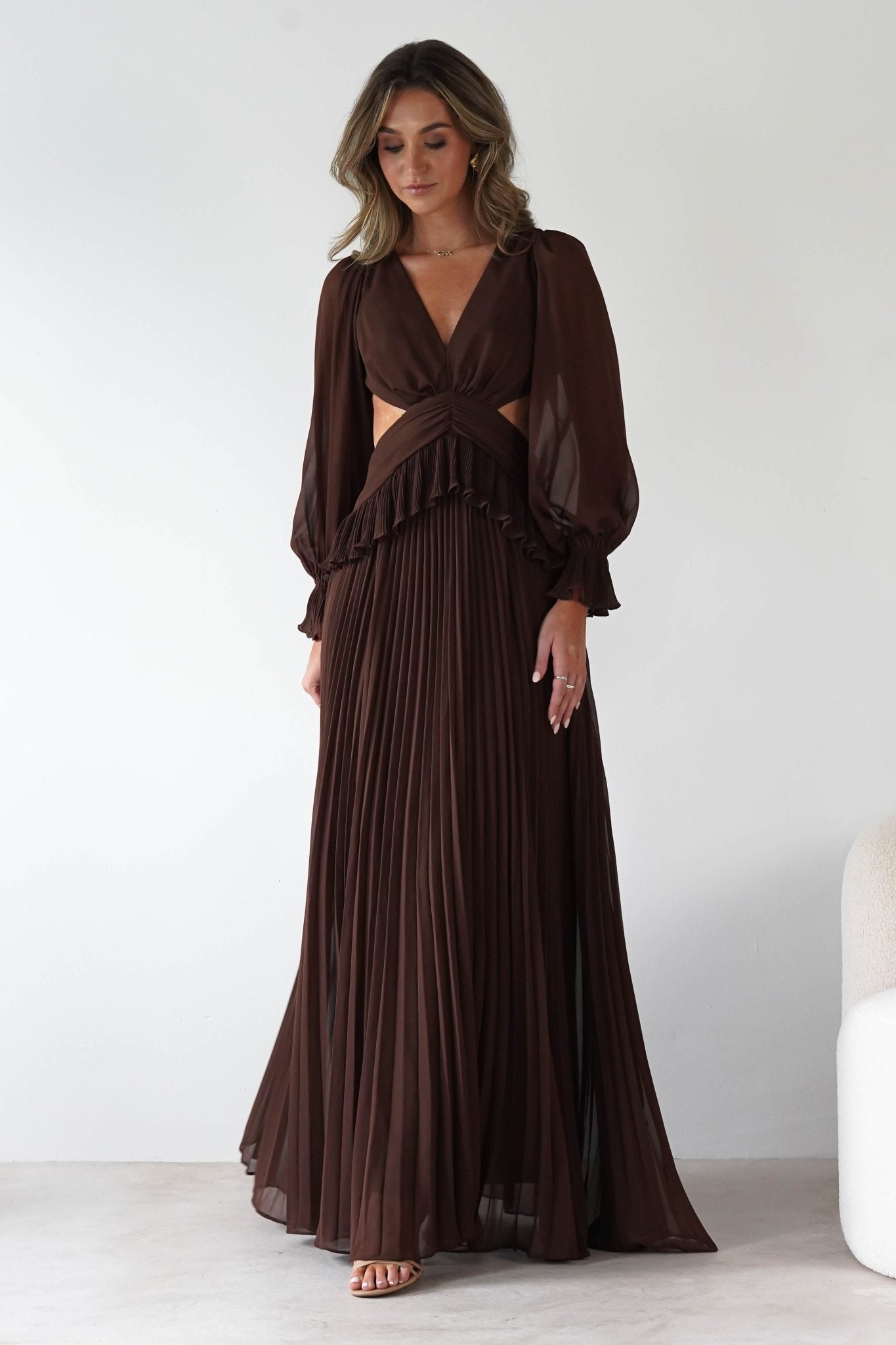Middleton Pleated Maxi Dress | Brown | Oh Hello Clothing | S (8)