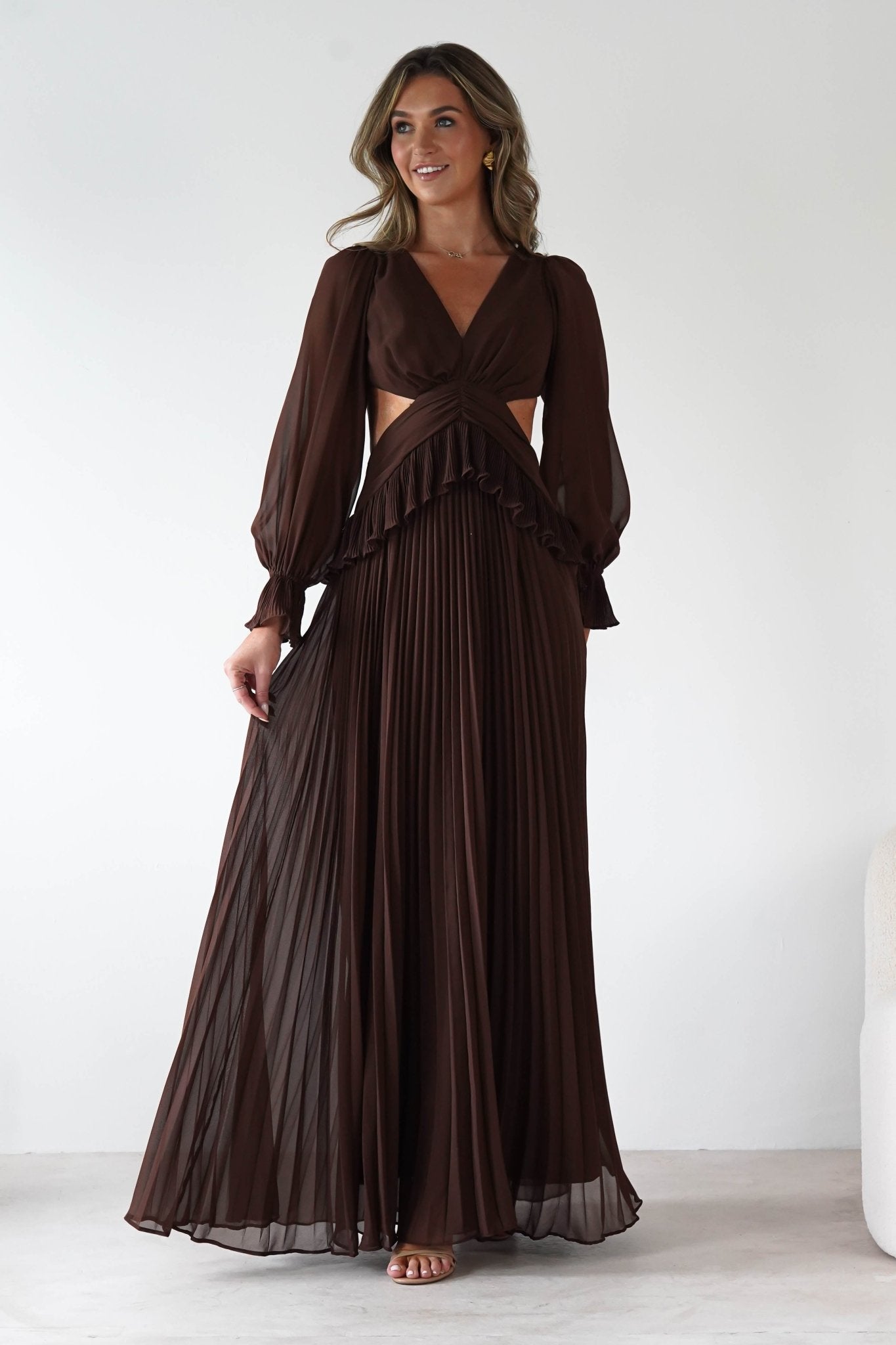 Middleton Pleated Maxi Dress | Brown | Oh Hello Clothing | S (8)