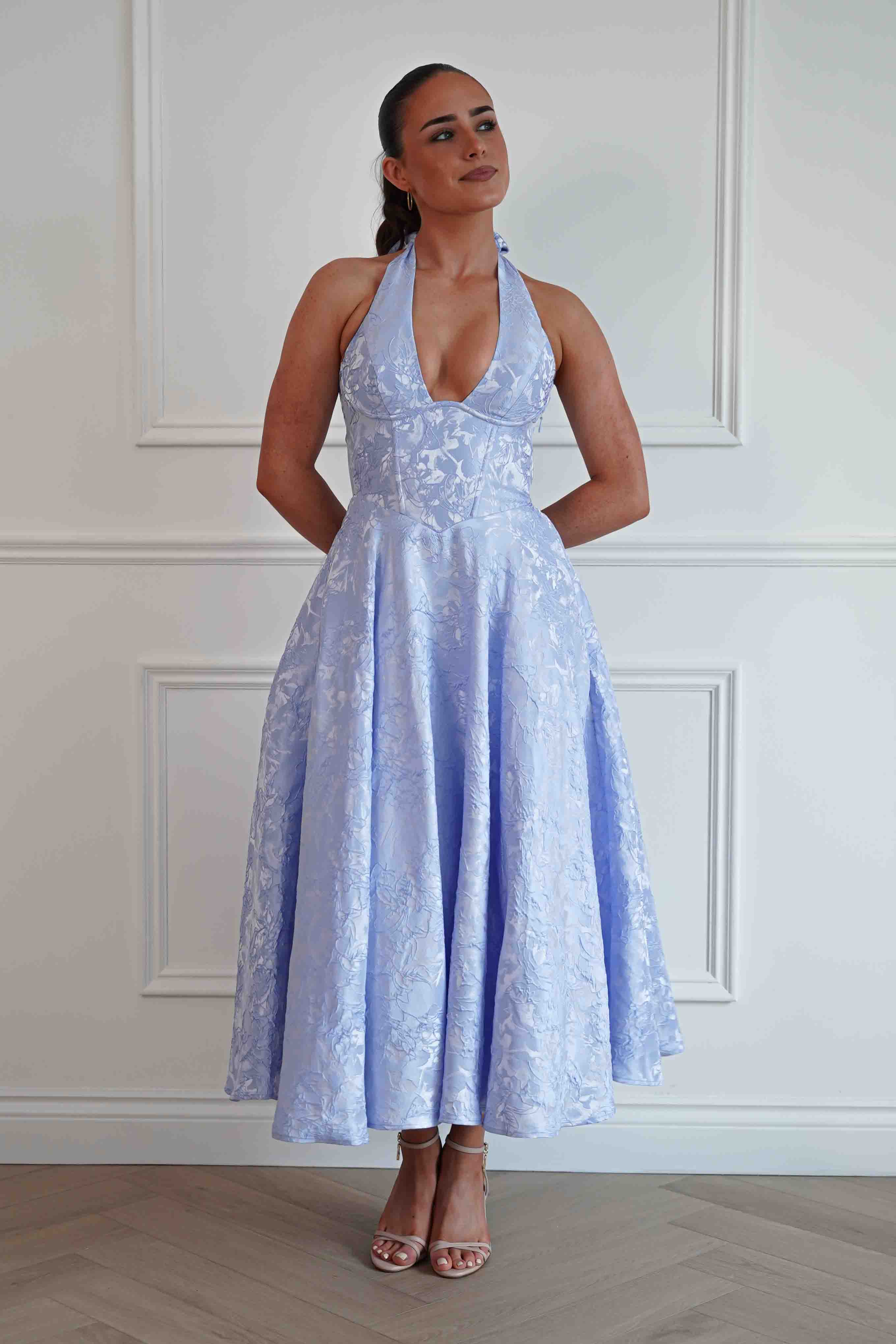 Oh Hello Clothing Women > Clothing > Dresses Mila Jacquard Plunge Midi Dress | Blue