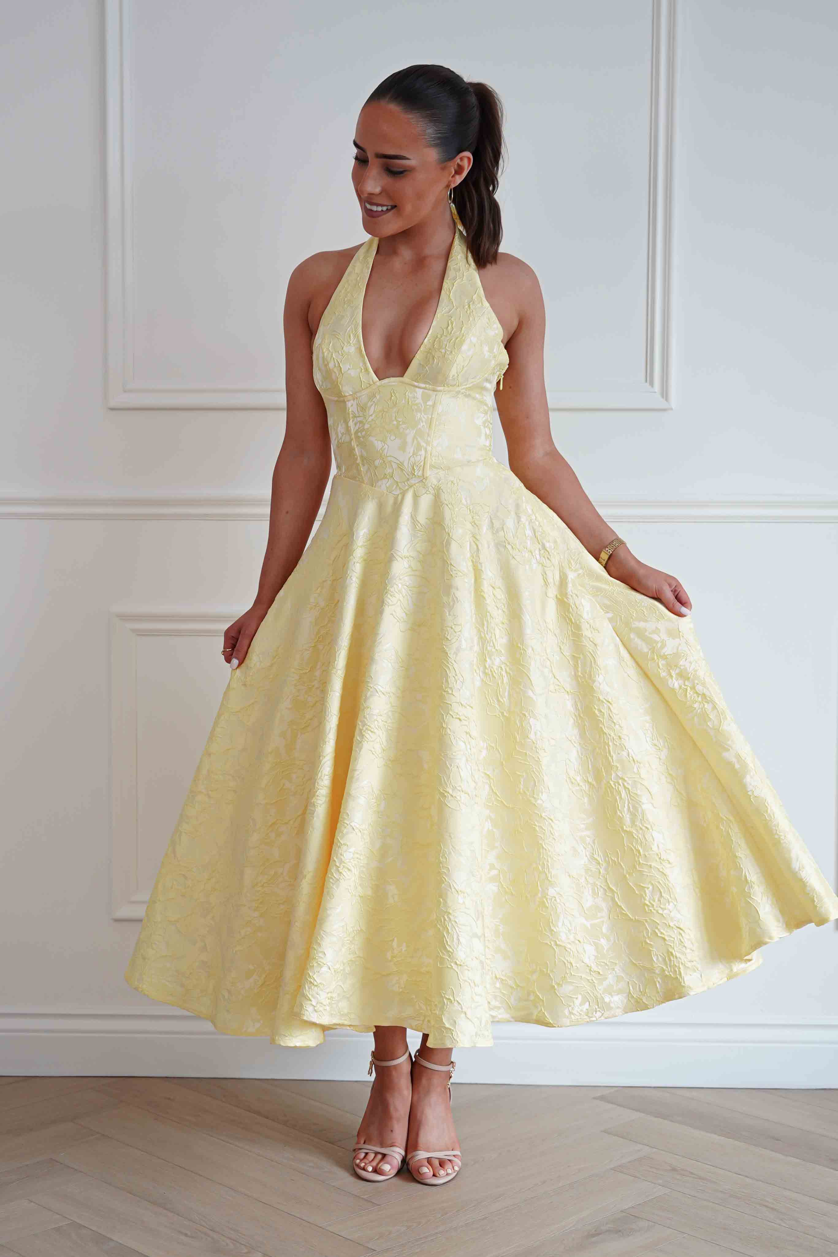 Oh Hello Clothing Women > Clothing > Dresses Mila Jacquard Plunge Midi Dress | Yellow