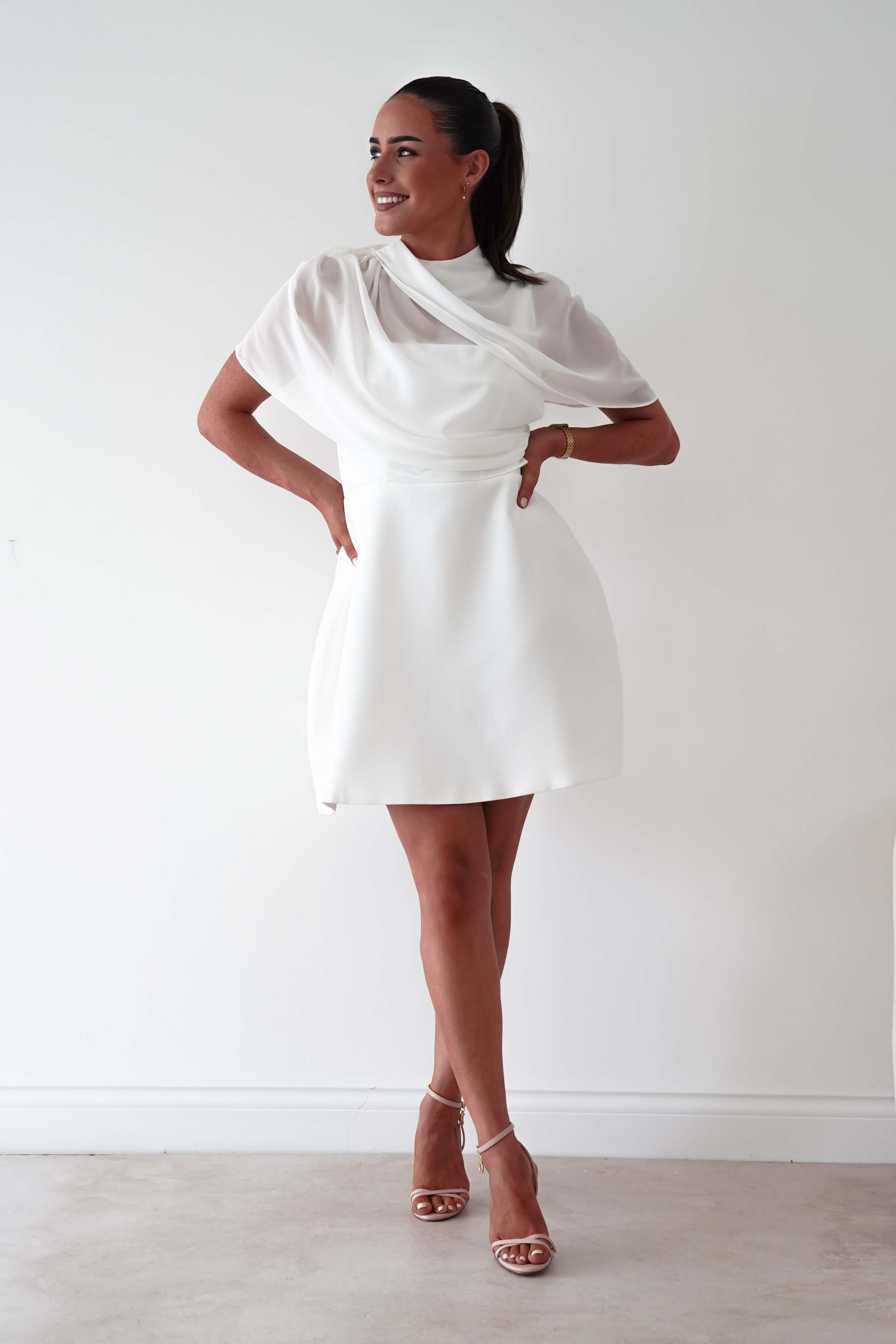 Oh Hello Clothing Women > Clothing > Dresses Millie Structured Chiffon Cape Mini Dress | White