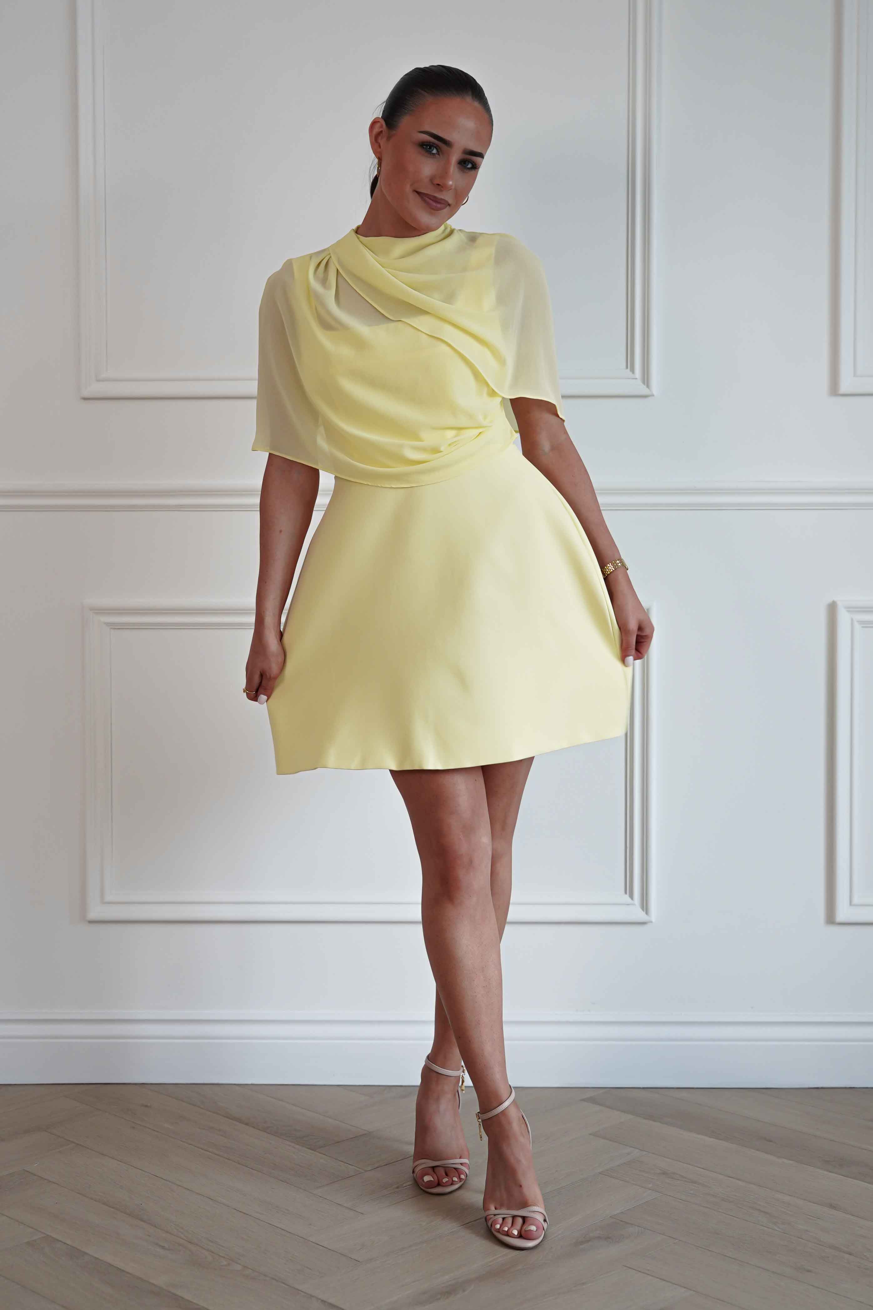 Oh Hello Clothing Women > Clothing > Dresses Millie Structured Chiffon Cape Mini Dress | Yellow