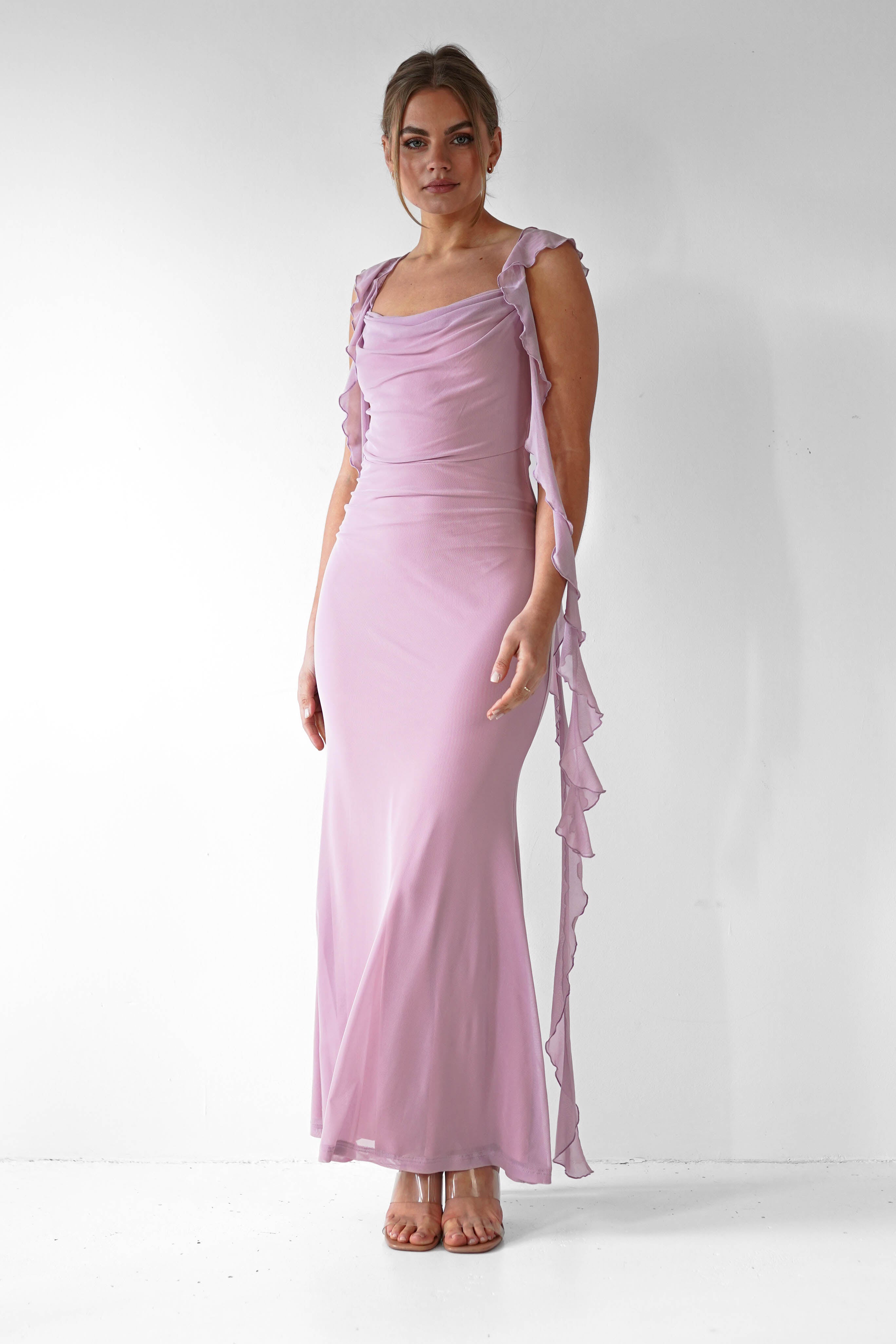 Miranda Ruffle Midaxi Dress | Mauve | Oh Hello Clothing | XS (6)