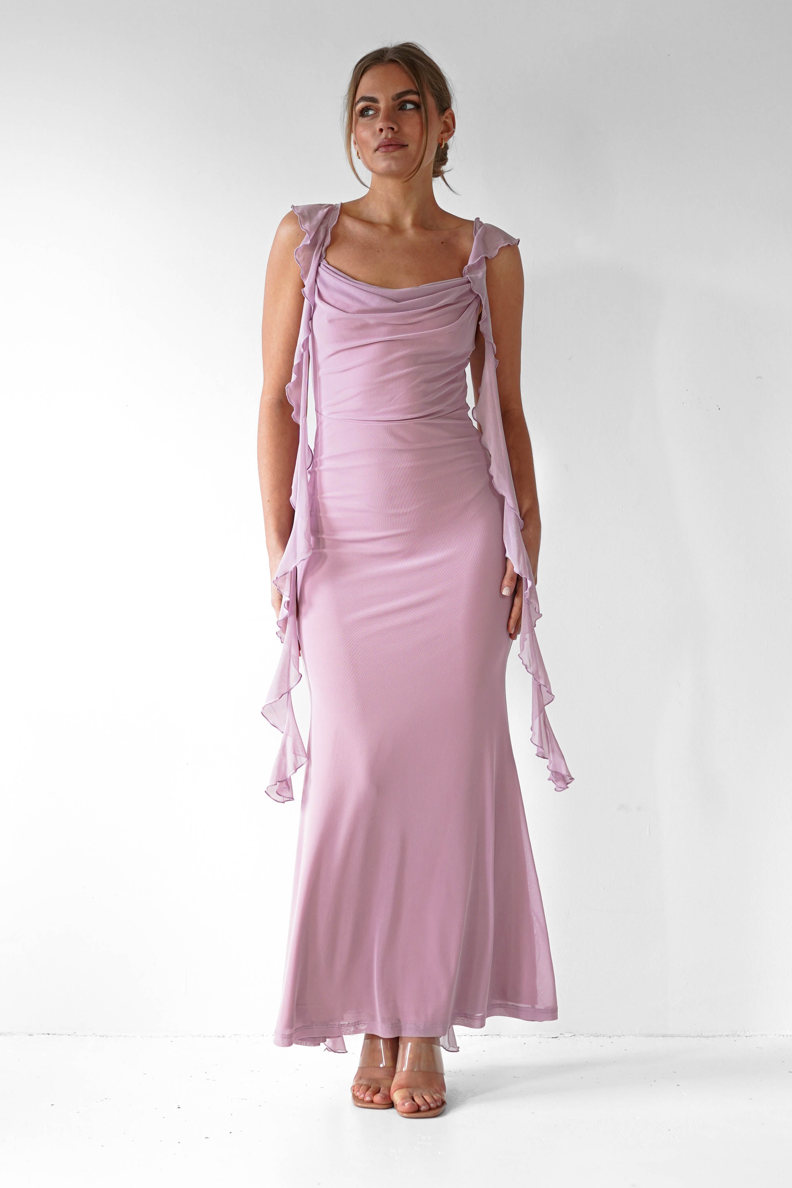 Miranda Ruffle Midaxi Dress | Mauve | Oh Hello Clothing | XS (6)