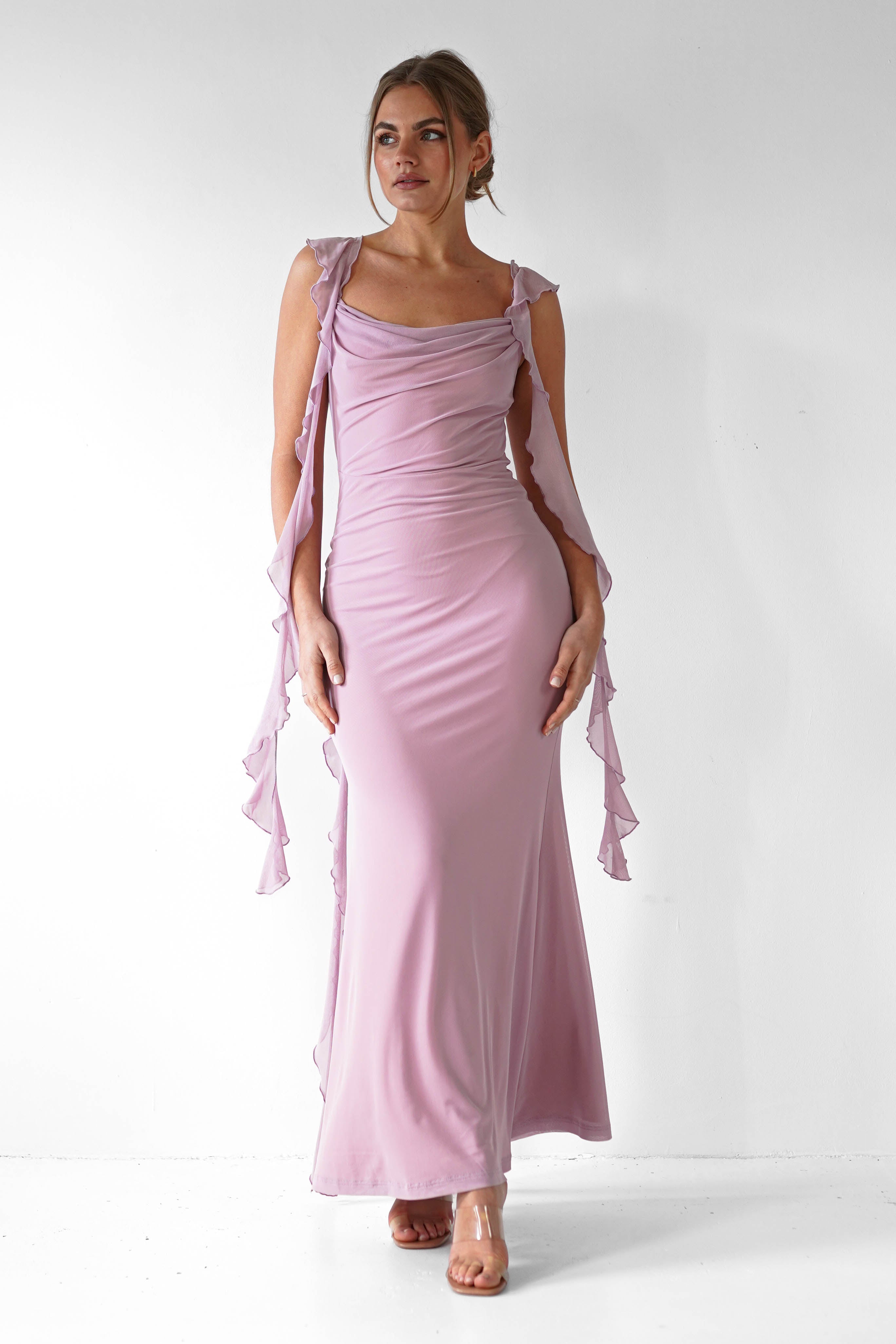 Miranda Ruffle Midaxi Dress | Mauve | Oh Hello Clothing | XS (6)