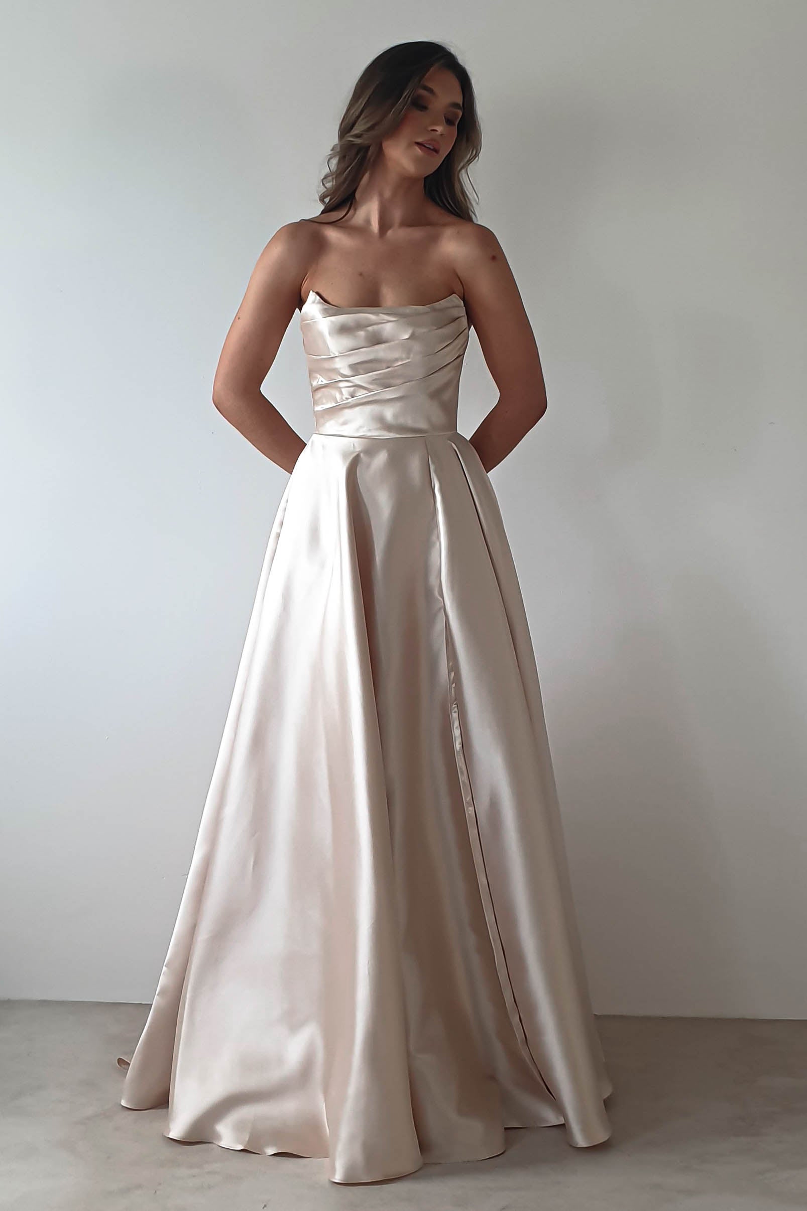 Miya Corset A - Line Satin Gown | Champagne | Oh Hello Clothing | XS (6)
