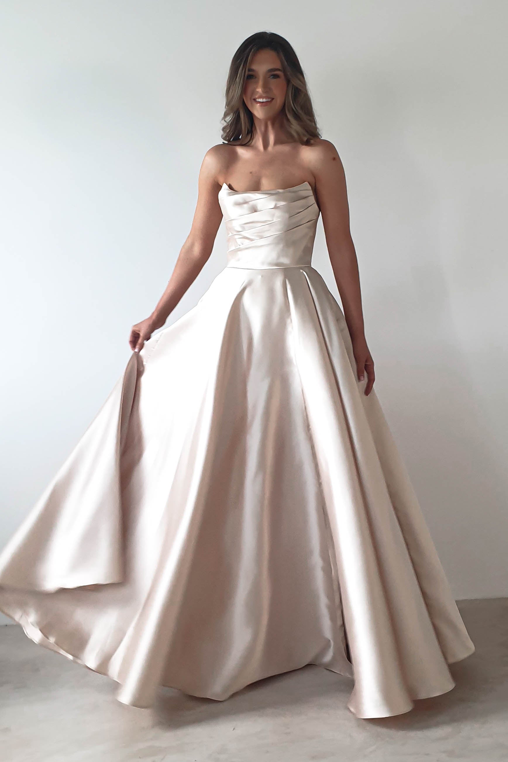 Miya Corset A - Line Satin Gown | Champagne | Oh Hello Clothing | XS (6)