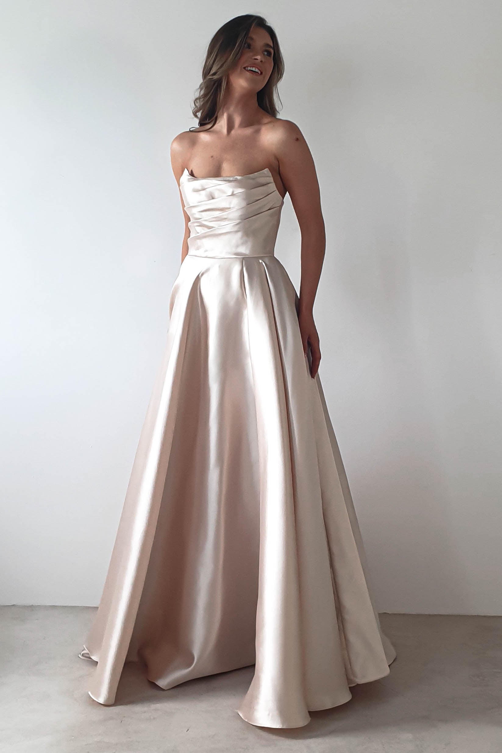 Miya Corset A - Line Satin Gown | Champagne | Oh Hello Clothing | XS (6)