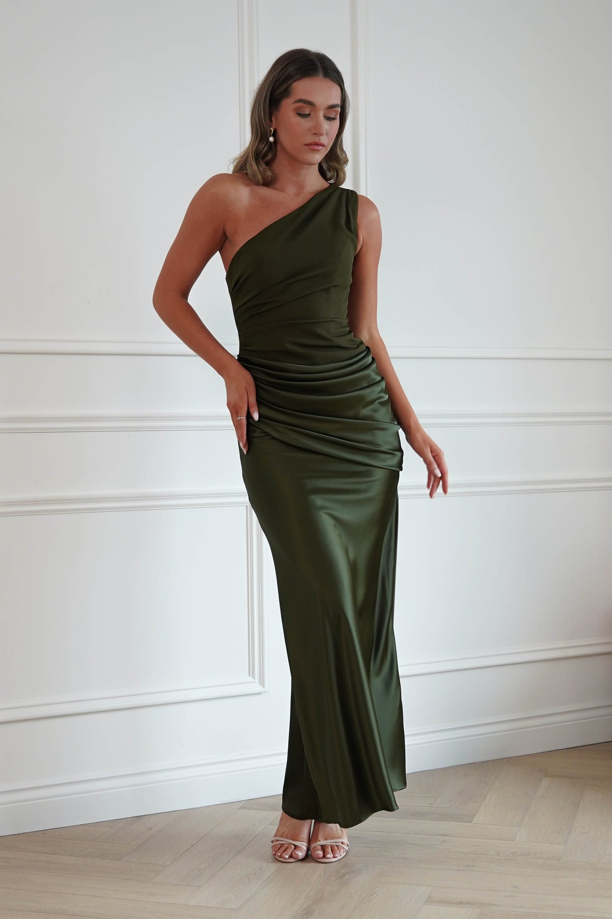 Oh Hello Clothing Dresses > Prom Dresses Nadalia One Shoulder Satin Maxi Dress | Olive