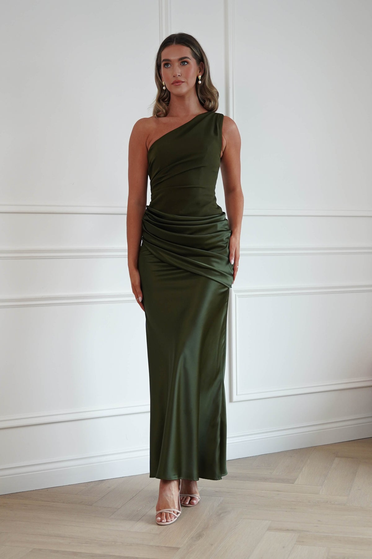 Oh Hello Clothing Dresses > Prom Dresses Nadalia One Shoulder Satin Maxi Dress | Olive