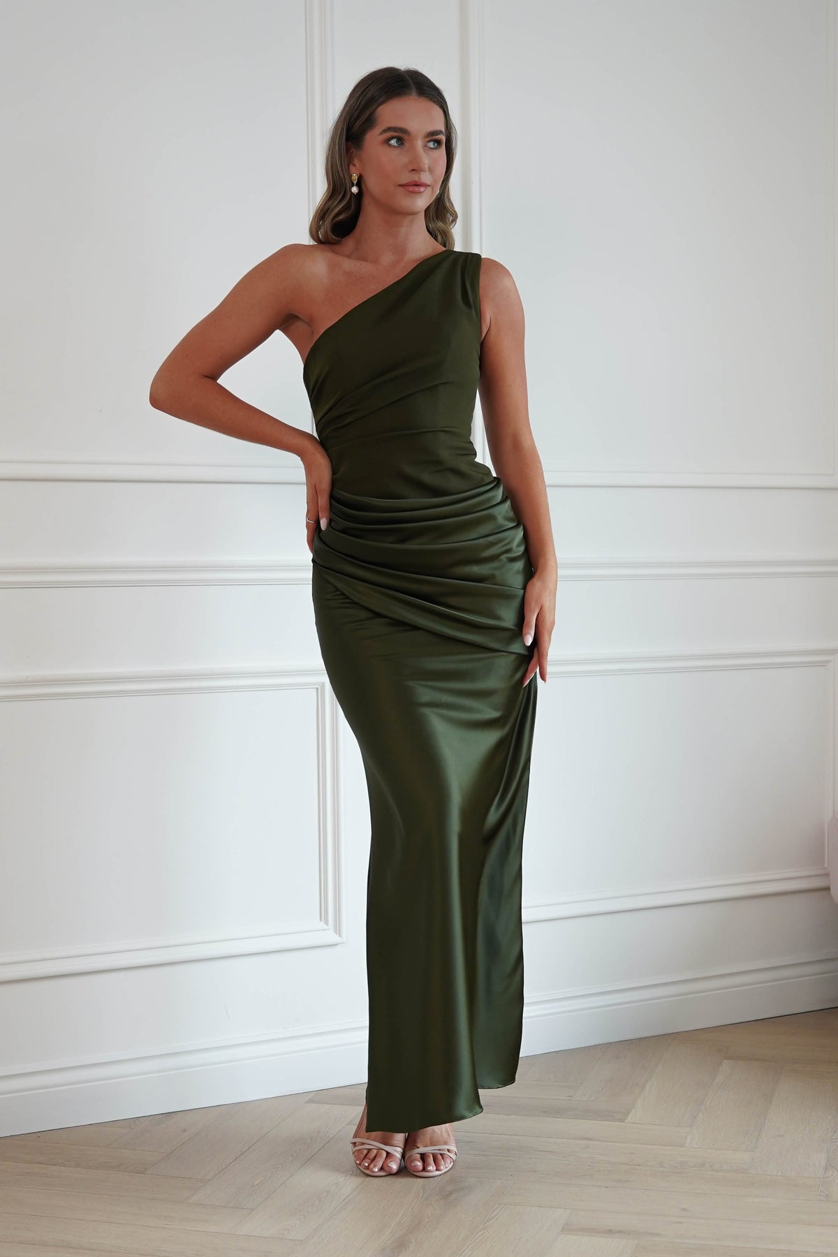 Oh Hello Clothing Dresses > Prom Dresses Nadalia One Shoulder Satin Maxi Dress | Olive