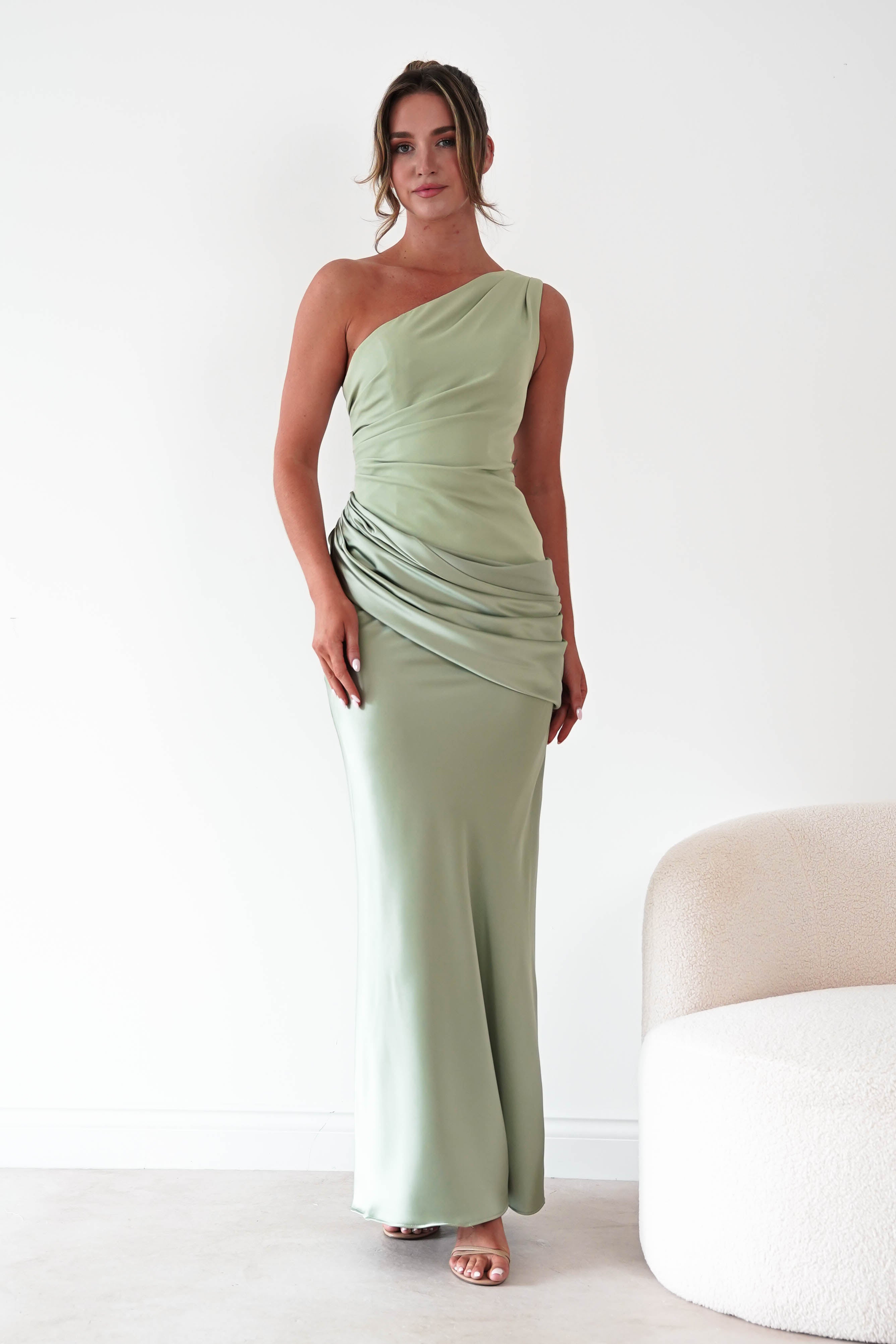 Oh Hello Clothing Dresses > Prom Dresses Nadalia One Shoulder Satin Maxi Dress | Sage