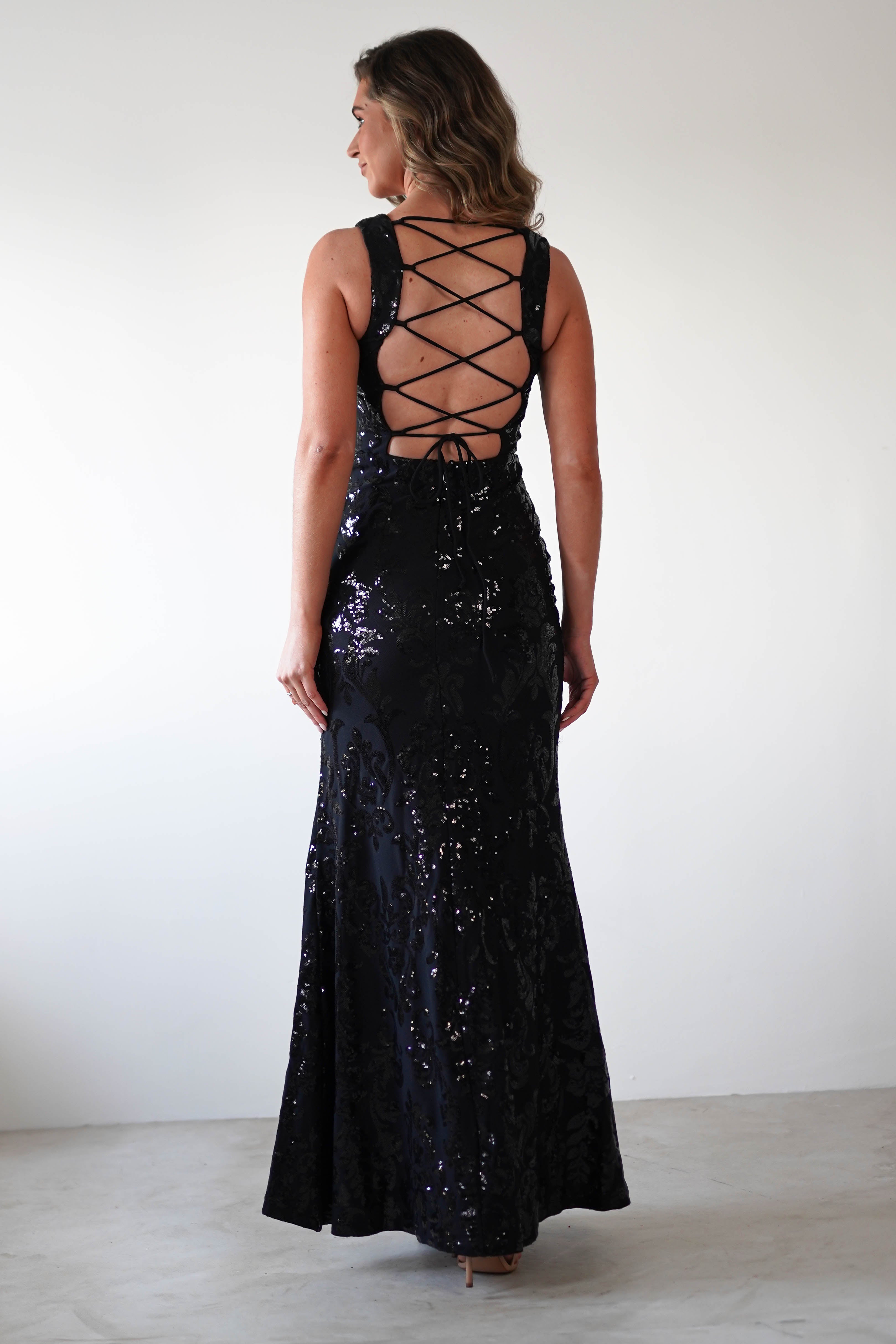 Nadia Square Neck Sequin Gown | Black - Oh Hello Clothing