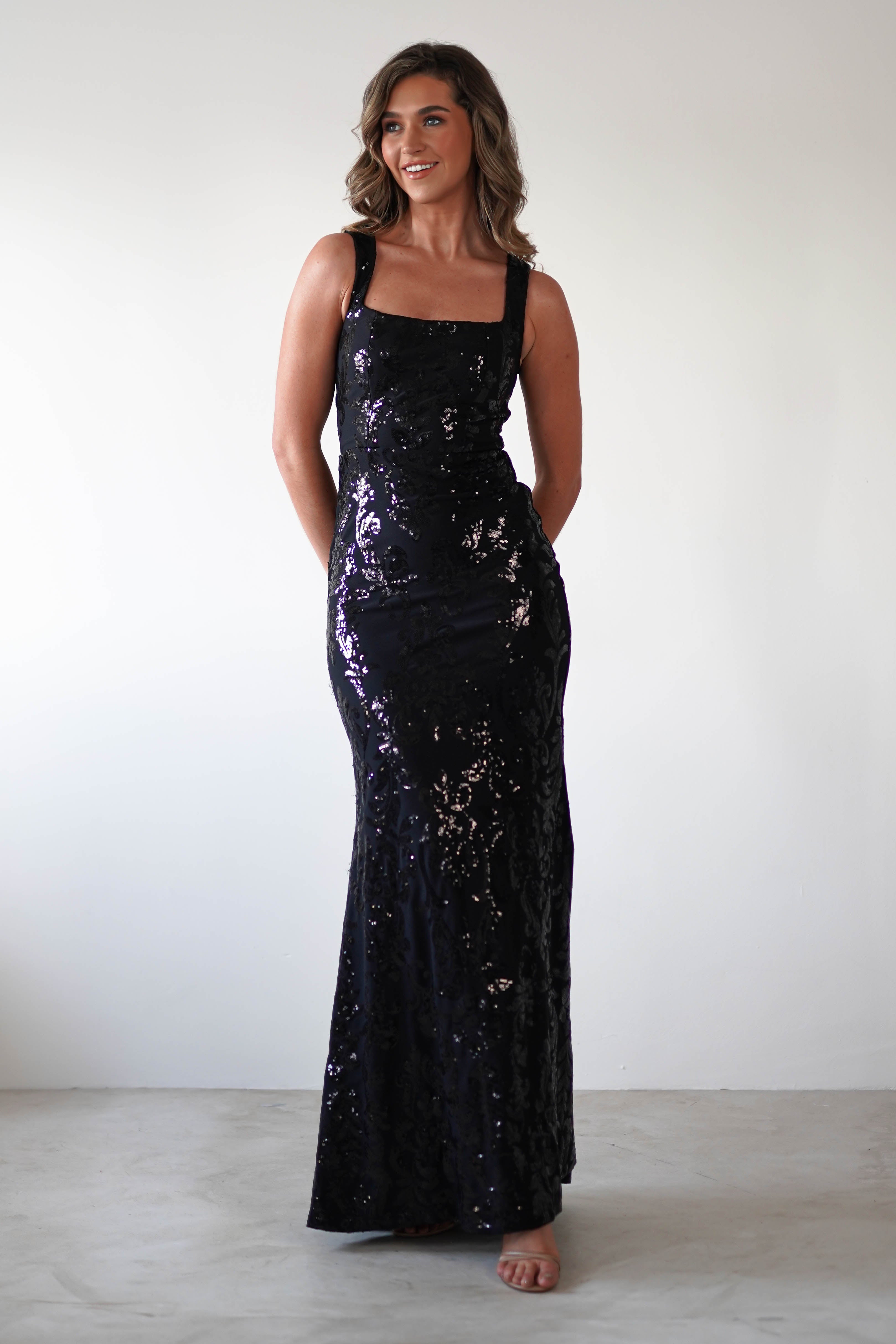 Nadia Square Neck Sequin Gown | Black - Oh Hello Clothing