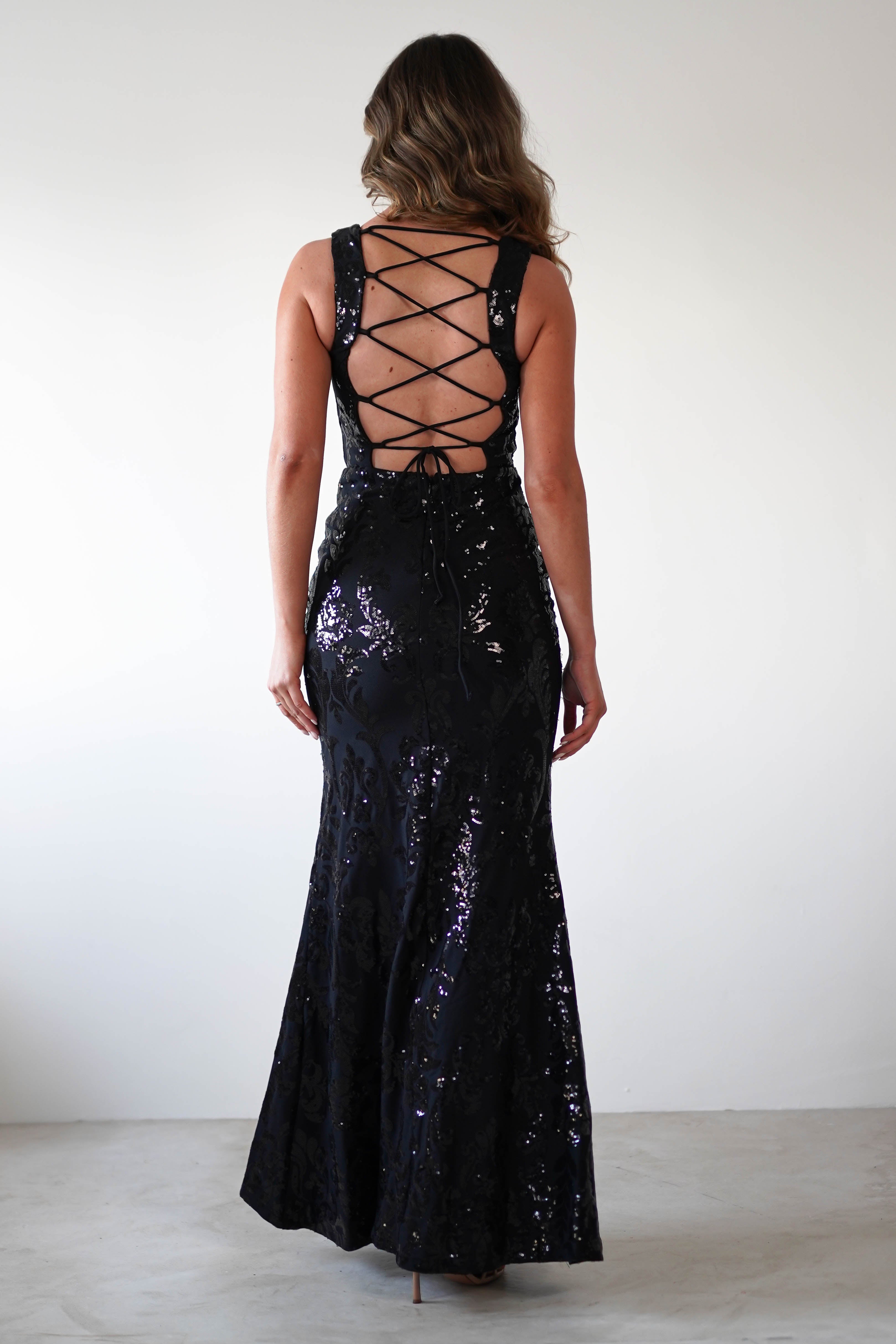 Nadia Square Neck Sequin Gown | Black - Oh Hello Clothing