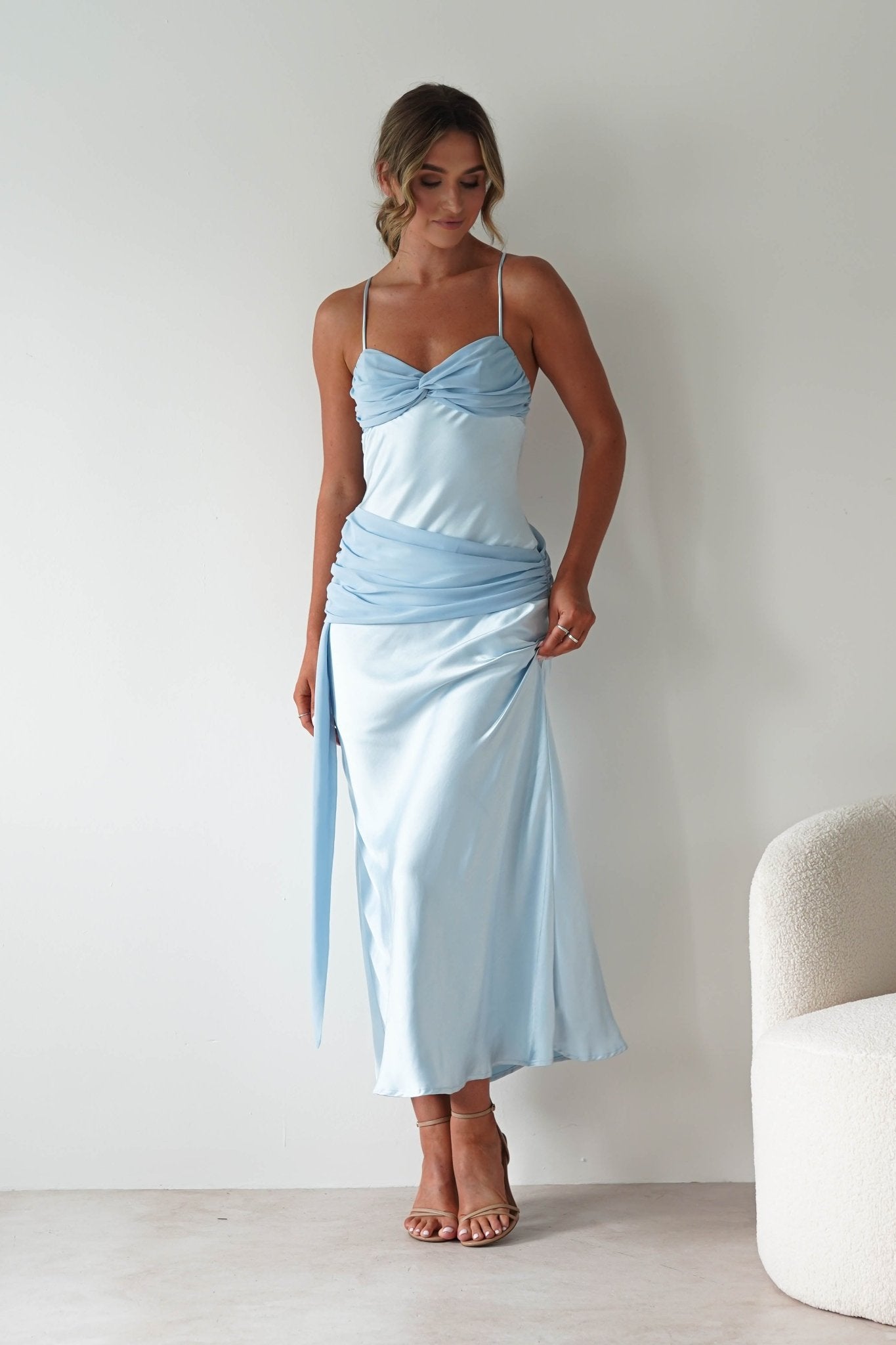 Natasha Satin Draped Maxi Dress | Blue | Oh Hello Clothing | XS (6)