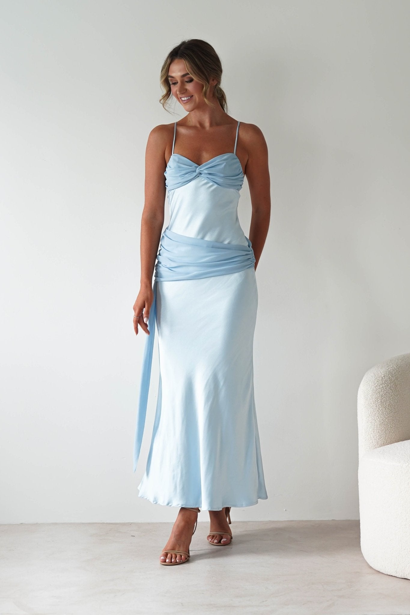 Natasha Satin Draped Maxi Dress | Blue | Oh Hello Clothing | XS (6)