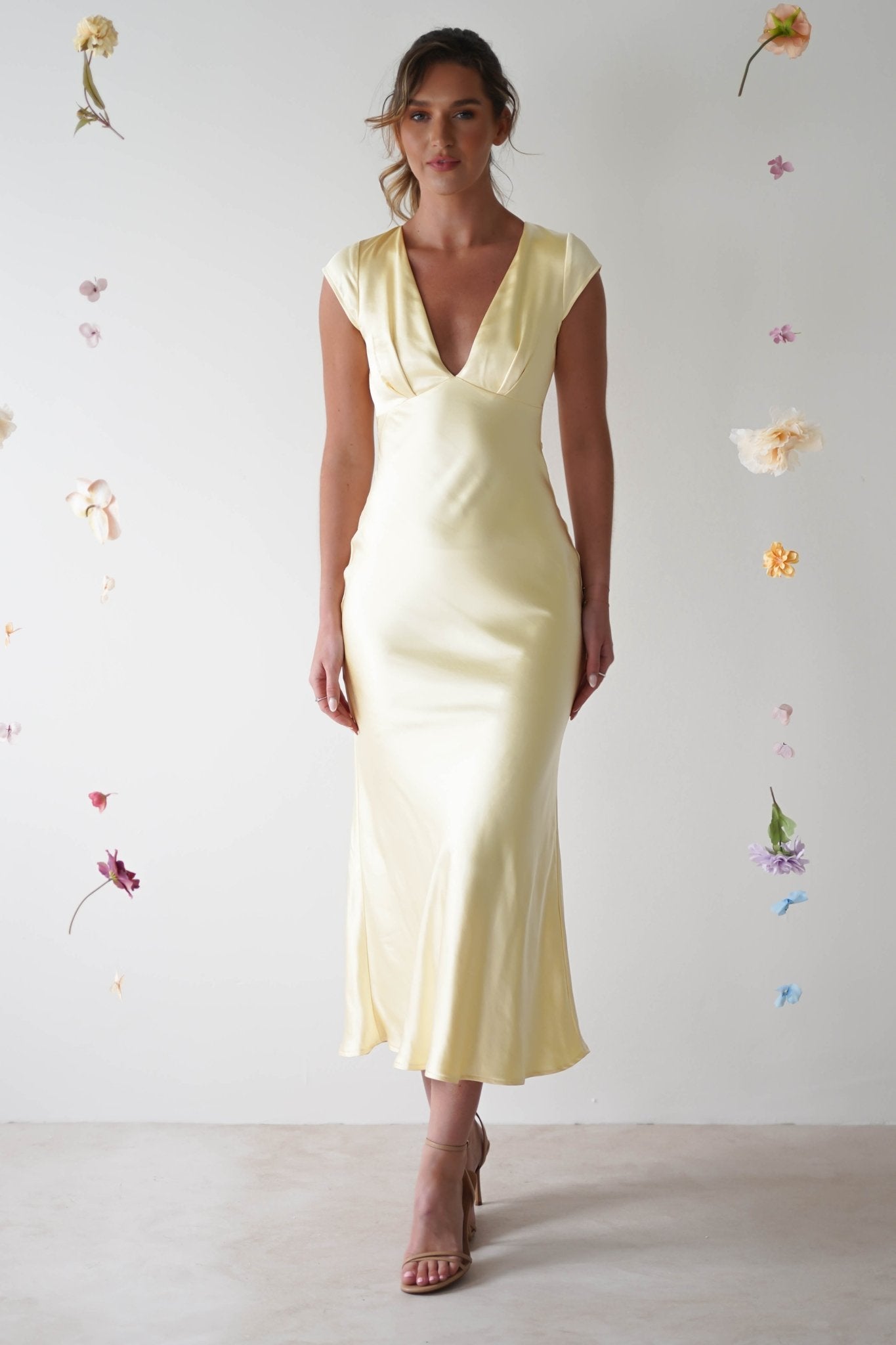 Nellie Soft Satin Midaxi Dress | Yellow | Oh Hello Clothing | XS (6)