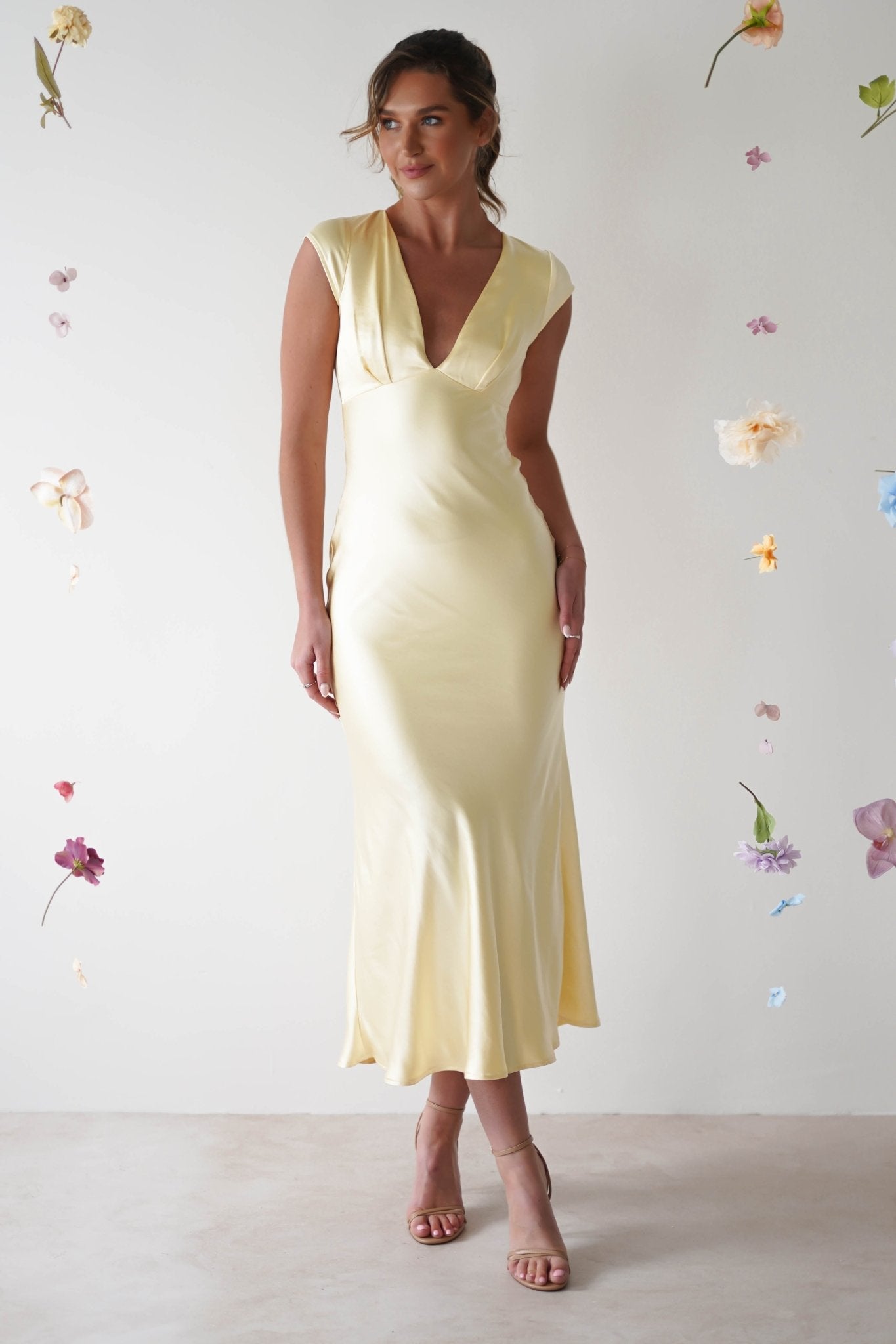 Nellie Soft Satin Midaxi Dress | Yellow | Oh Hello Clothing | XS (6)