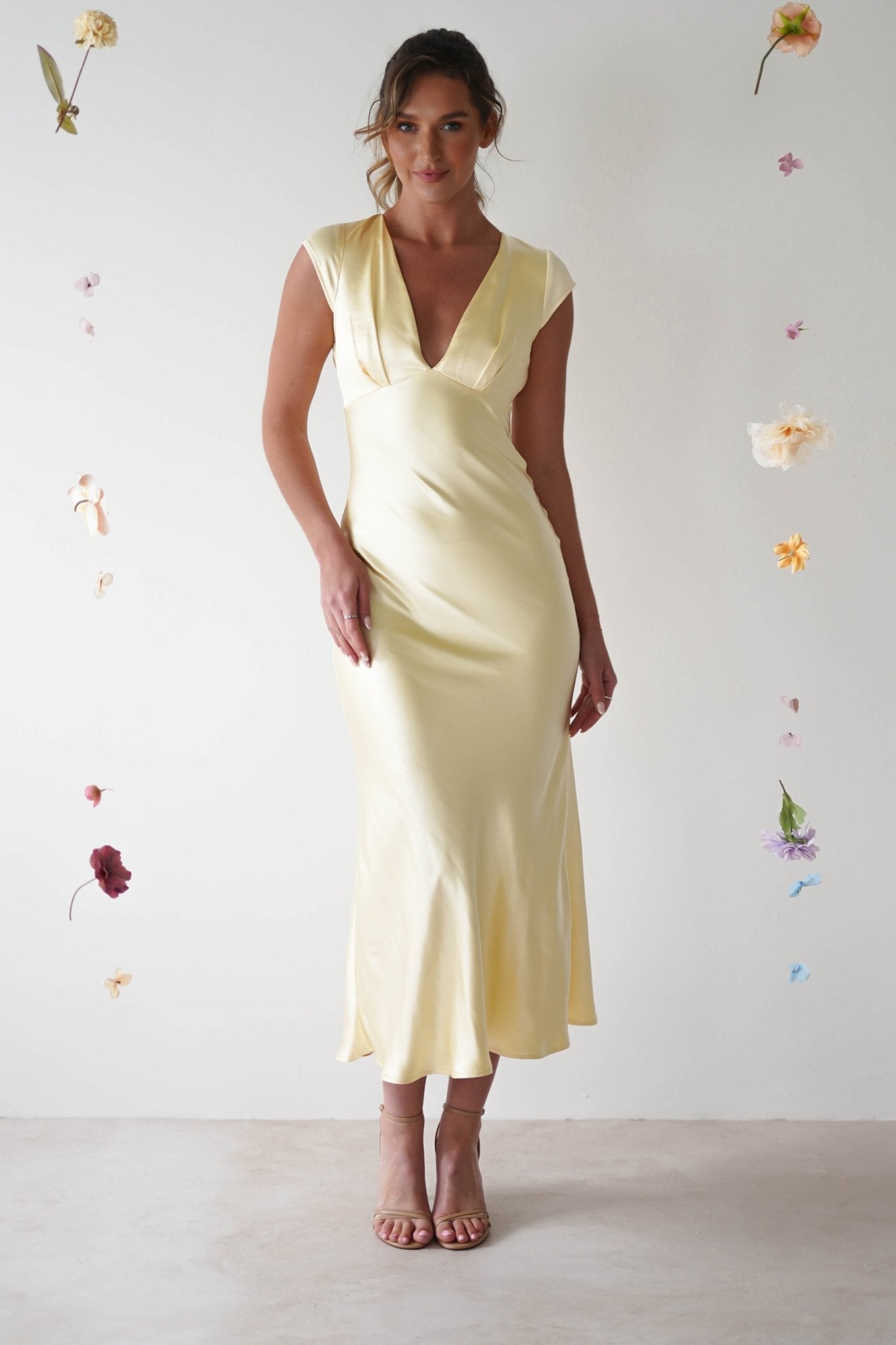 Nellie Soft Satin Midaxi Dress | Yellow | Oh Hello Clothing | XS (6)