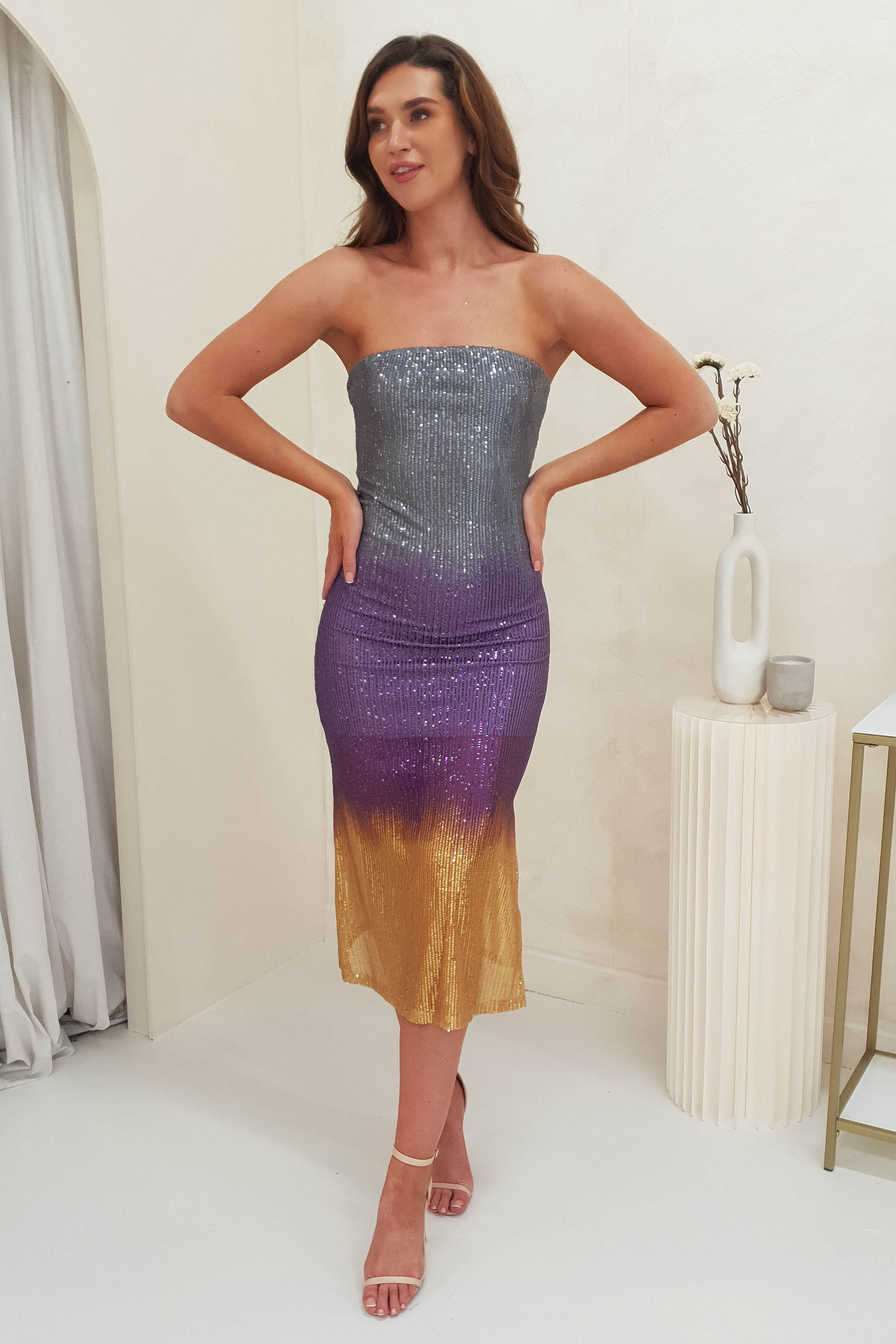 Neva Sequin Stapless Midi Dress | Grey Ombre | Oh Hello Clothing | S/M (6/8)