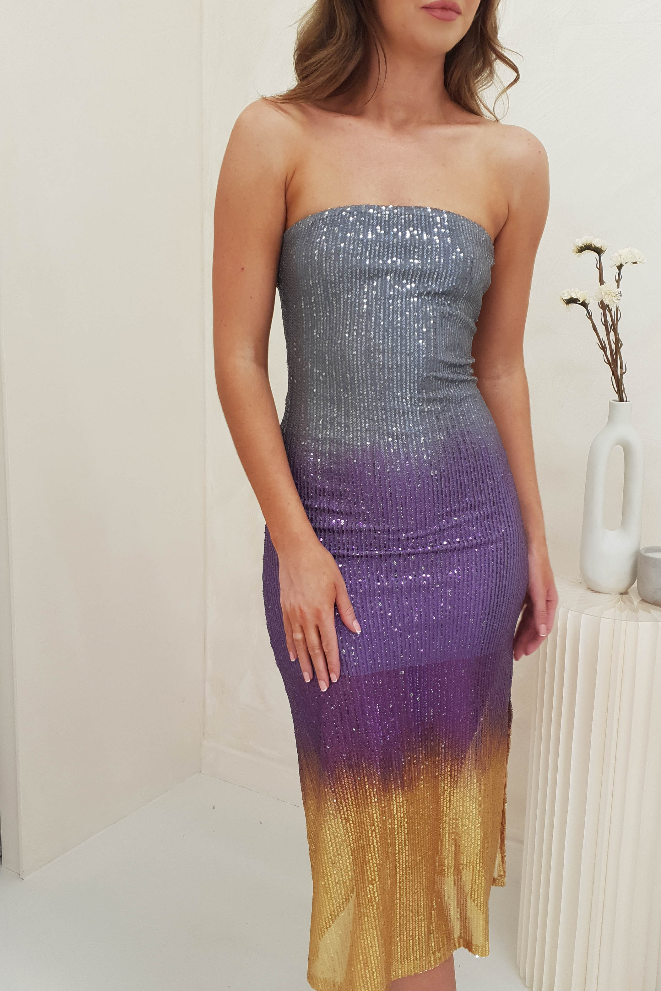 Neva Sequin Stapless Midi Dress | Grey Ombre | Oh Hello Clothing | S/M (6/8)