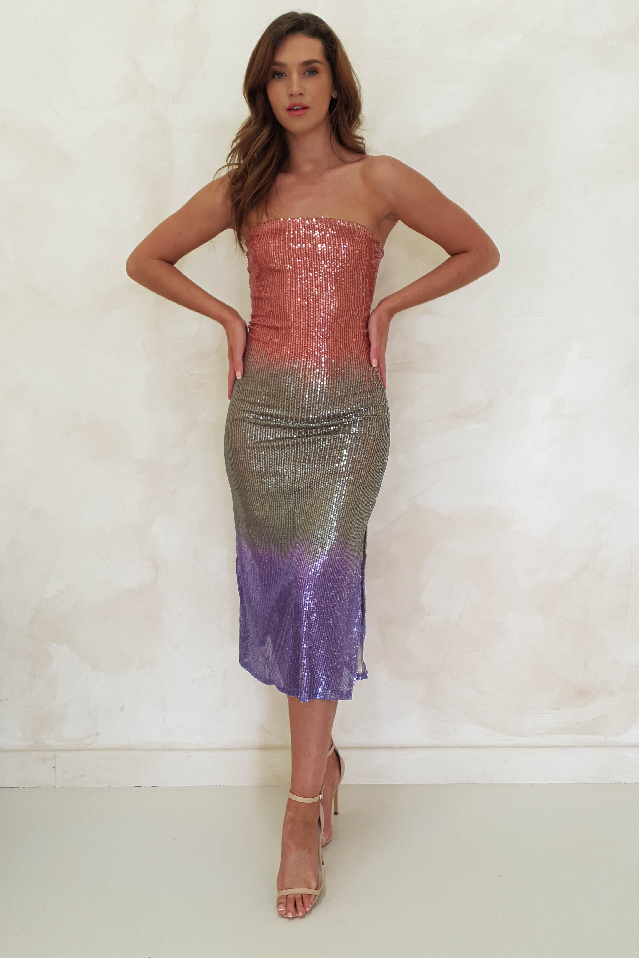 Neva Sequin Stapless Midi Dress | Rose Ombre | Oh Hello Clothing | S/M (6/8)