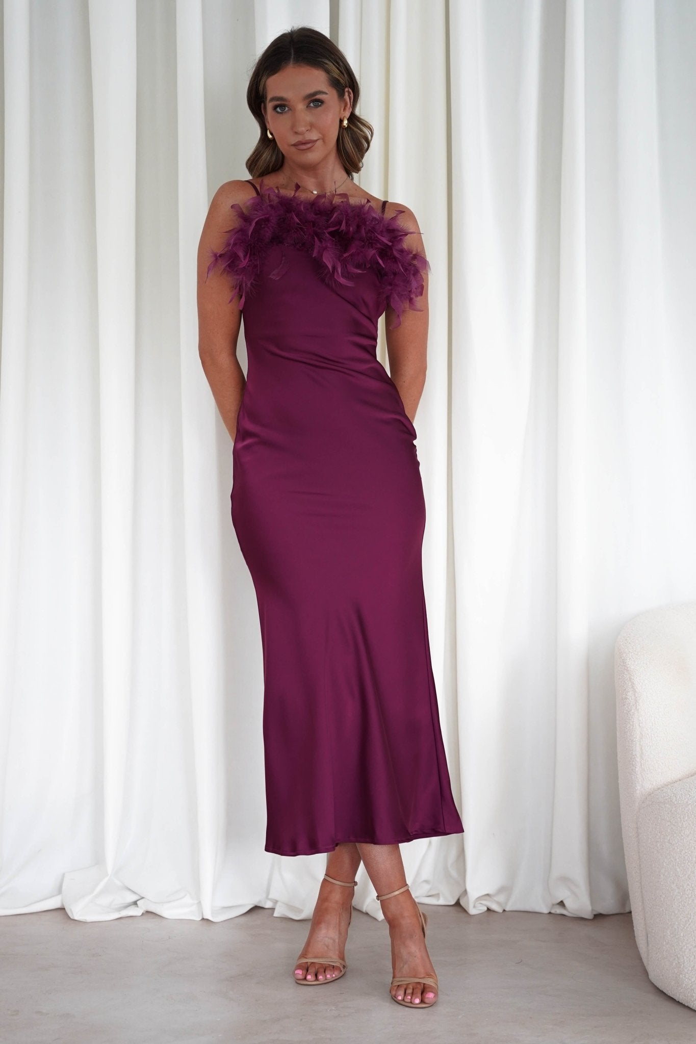 plum wedding guest dresses Neve Silky Satin Feather Slip Dress SIZE:Medium Spring21 This design is also Teenage Boys Shirts White