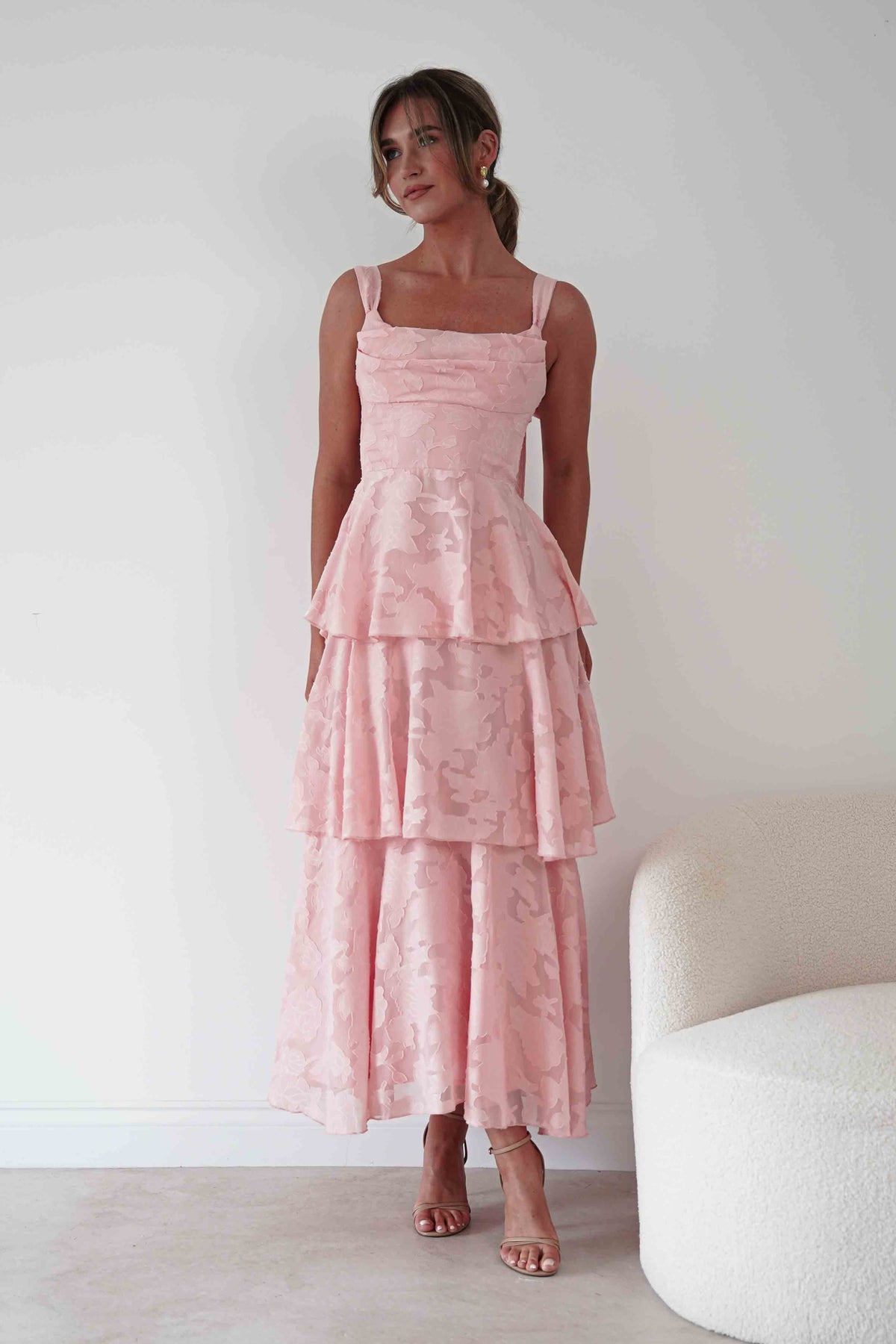 Oh Hello Clothing Women > Clothing > Dresses Niama Floral Jacquard Tiered Maxi Dress | Blush