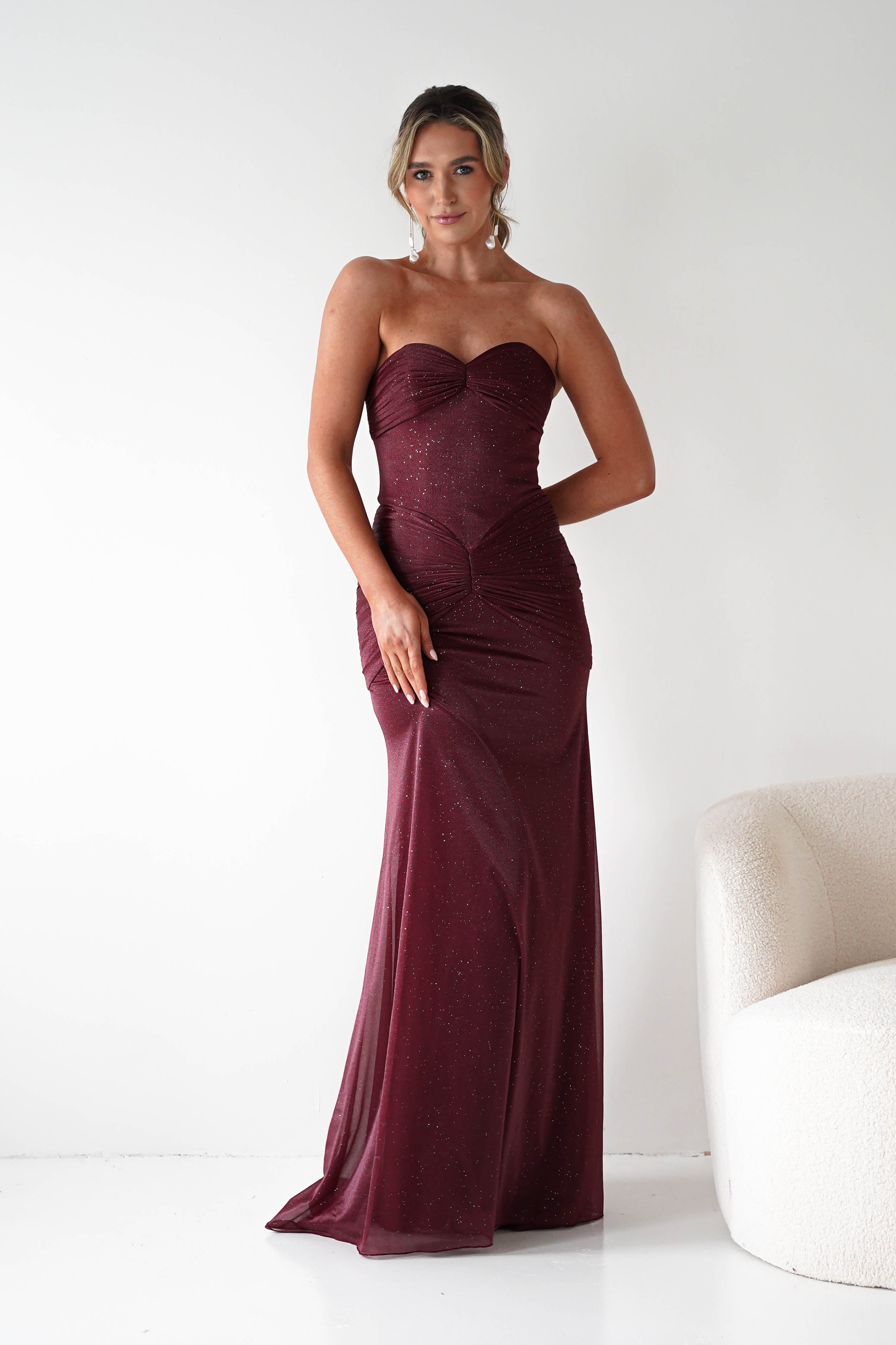 Oh Hello Clothing Dresses Nicola Strapless Glitter Gown | Burgundy
