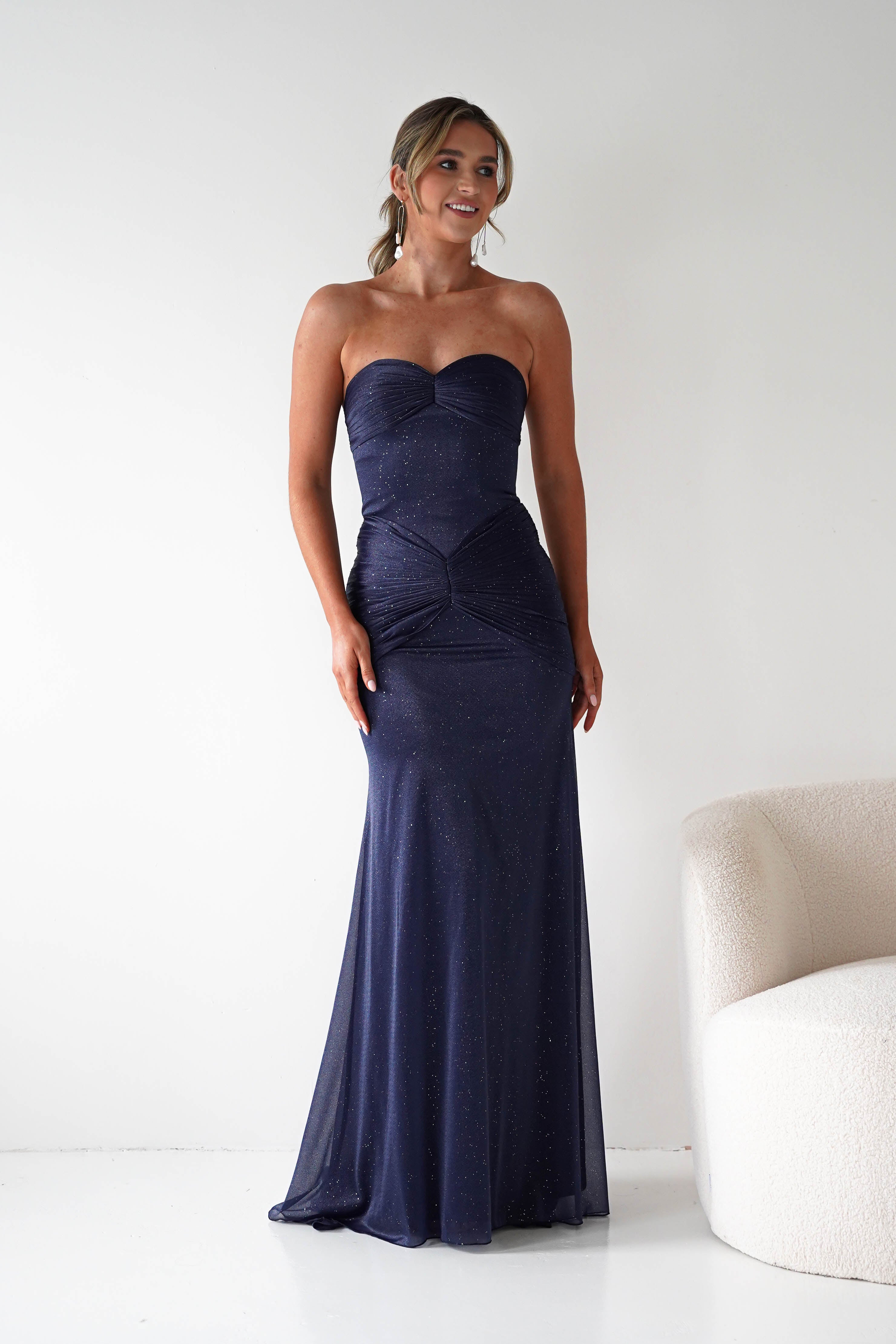 Oh Hello Clothing Dresses Nicola Strapless Glitter Gown | Navy