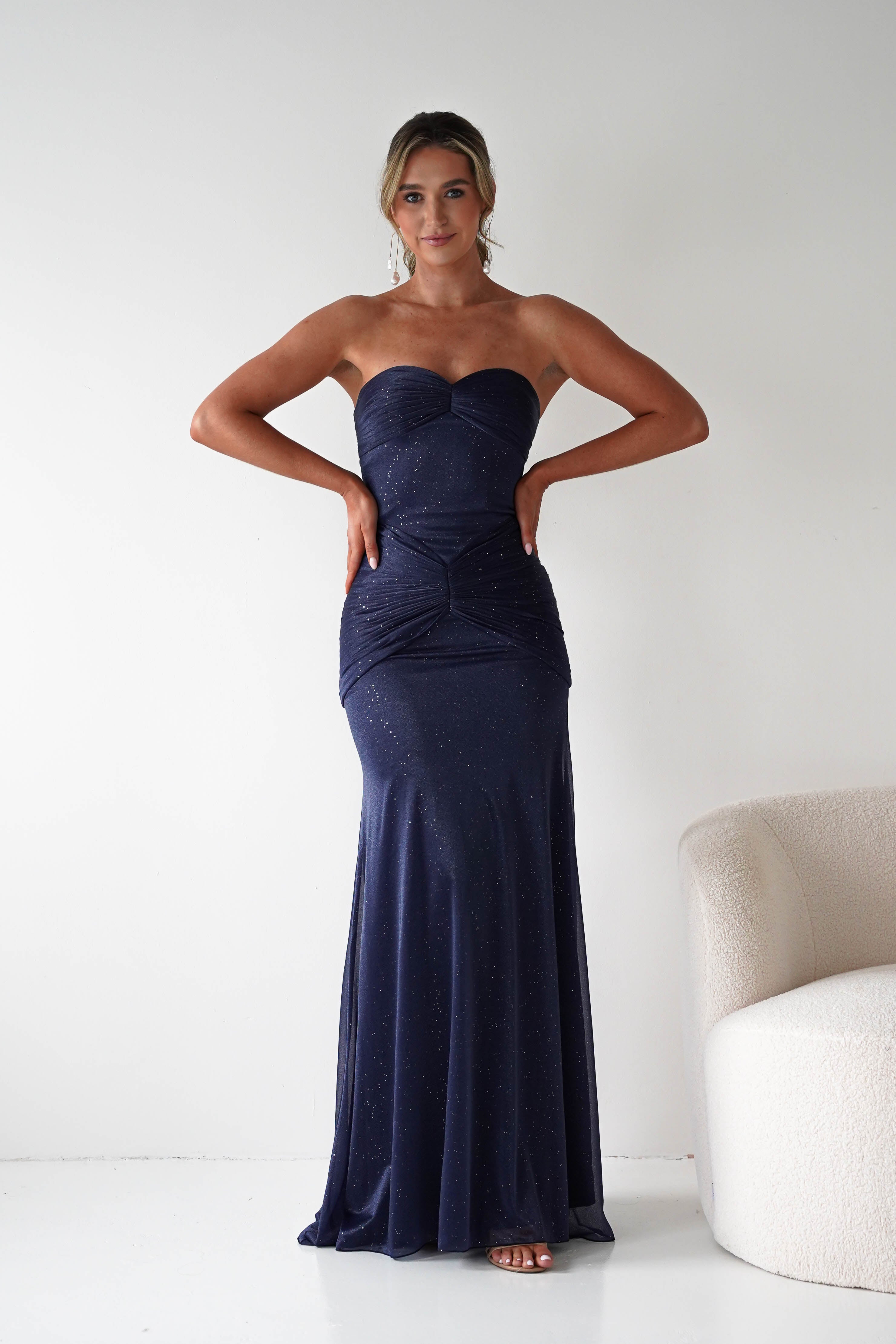 Oh Hello Clothing Dresses Nicola Strapless Glitter Gown | Navy