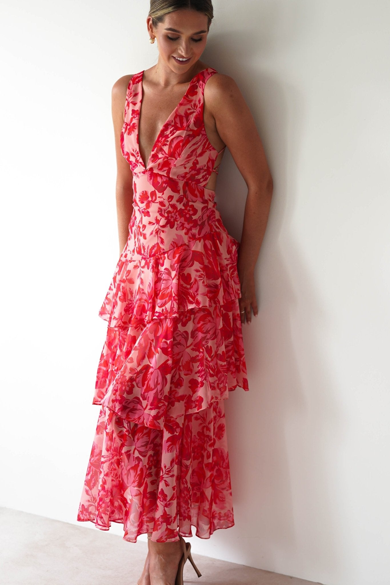 Nicolette Ruffle Maxi Dress | Red Print | Oh Hello Clothing | XS (6)