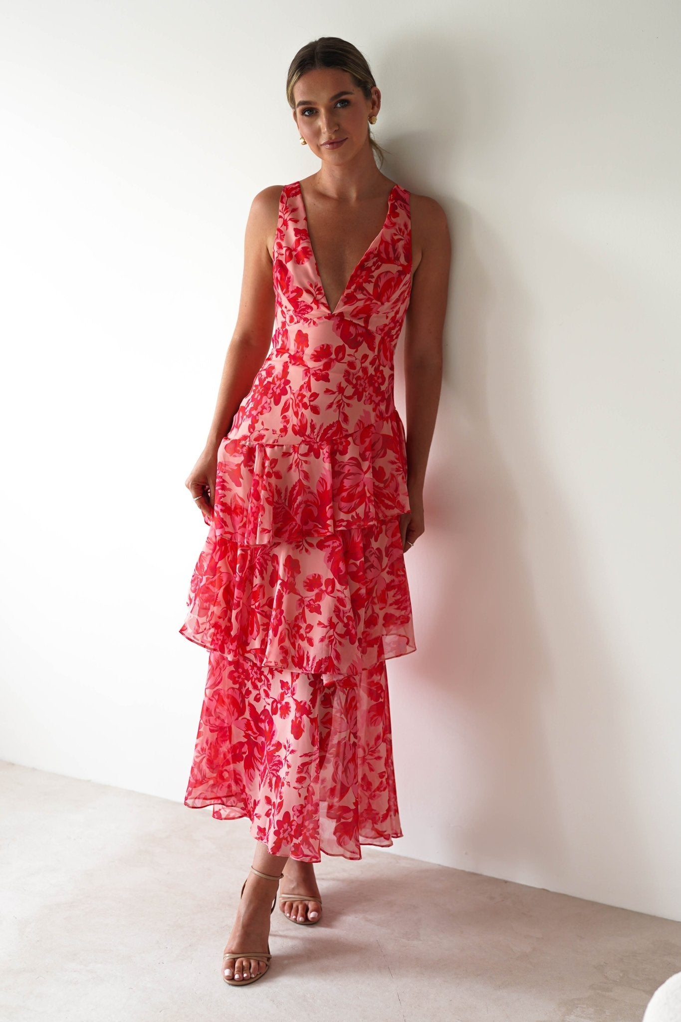 Nicolette Ruffle Maxi Dress | Red Print | Oh Hello Clothing | XS (6)