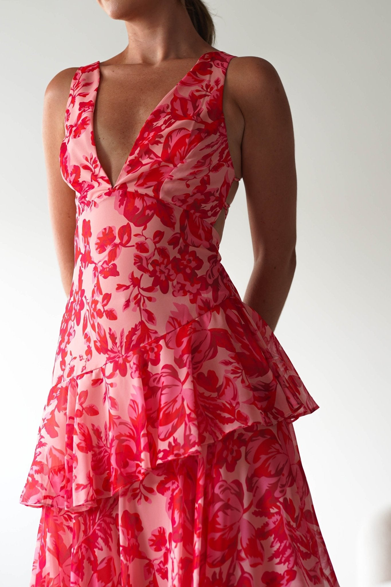 Nicolette Ruffle Maxi Dress | Red Print | Oh Hello Clothing | XS (6)