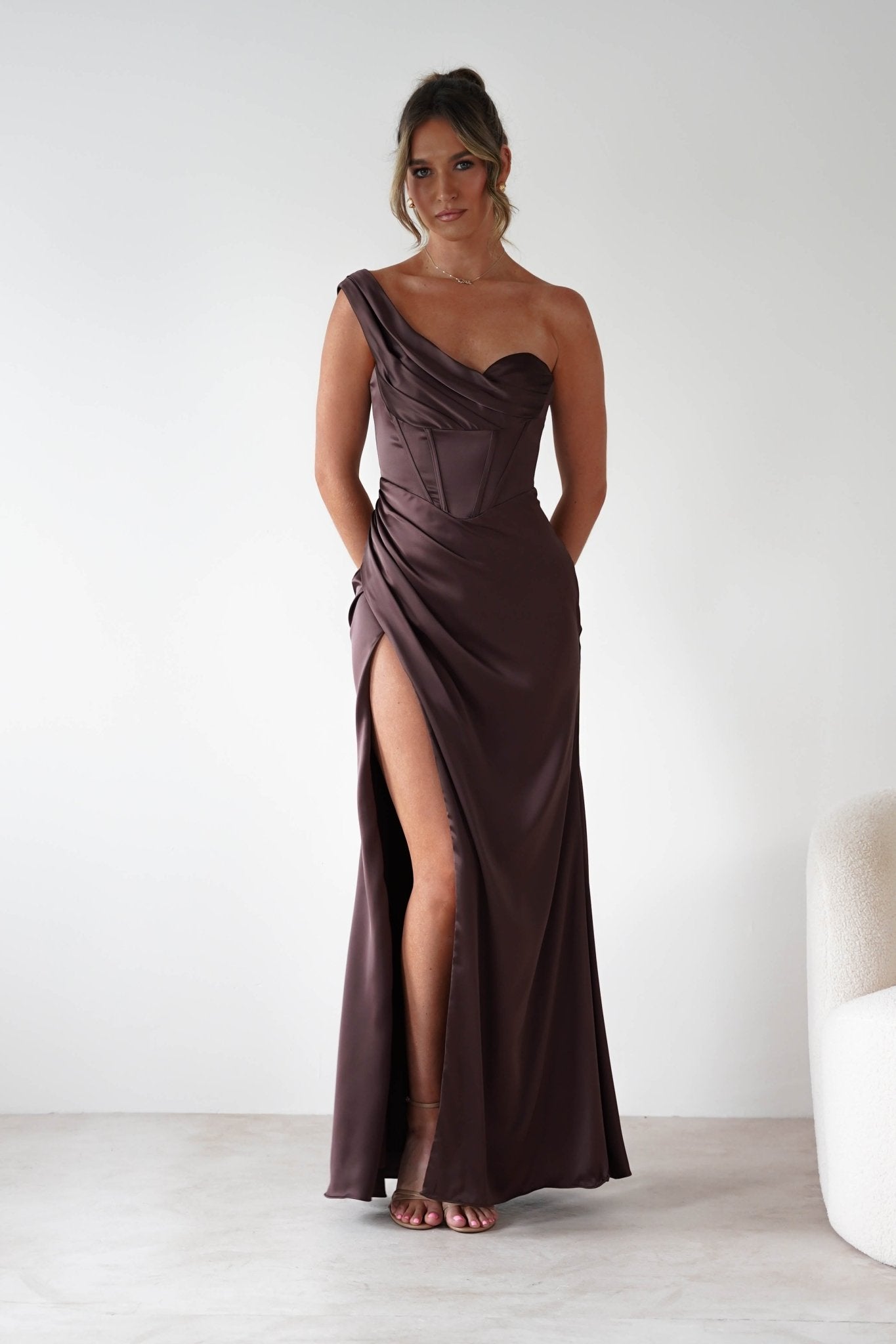 Nicolette Soft Satin Maxi Gown | Brown | Oh Hello Clothing | S (8)