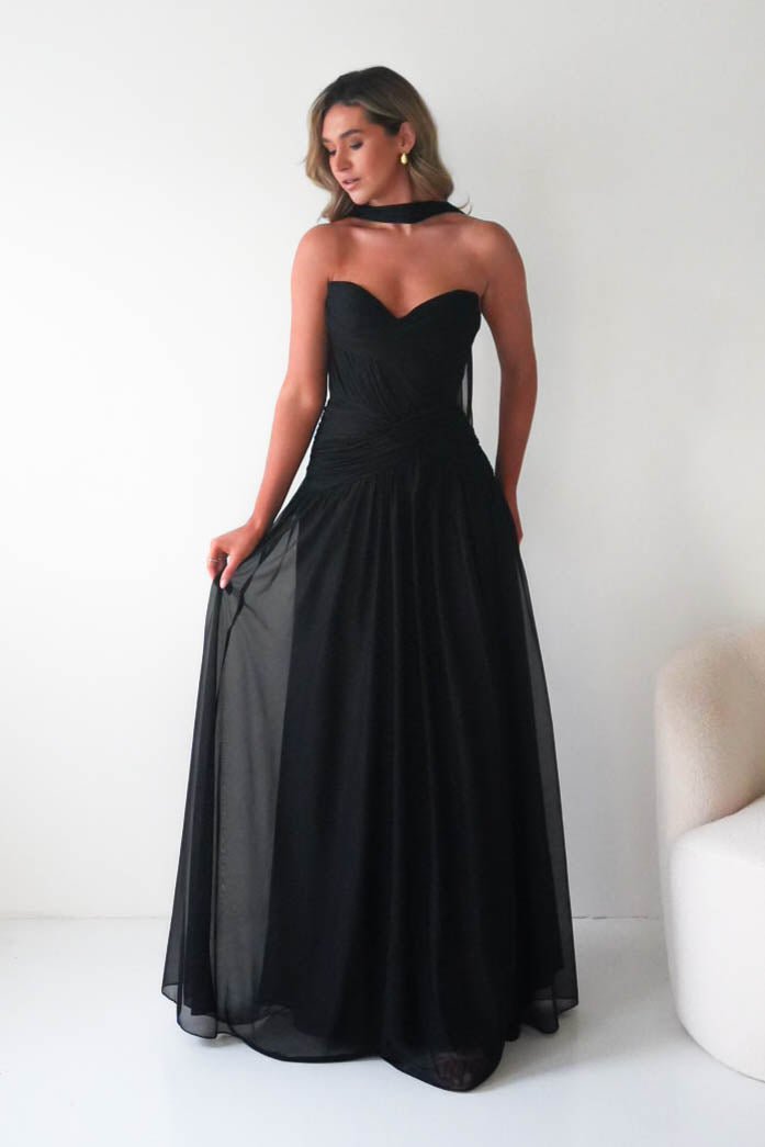 Oh Hello Clothing Dresses Nicolette Strapless Chiffon Maxi Gown | Black