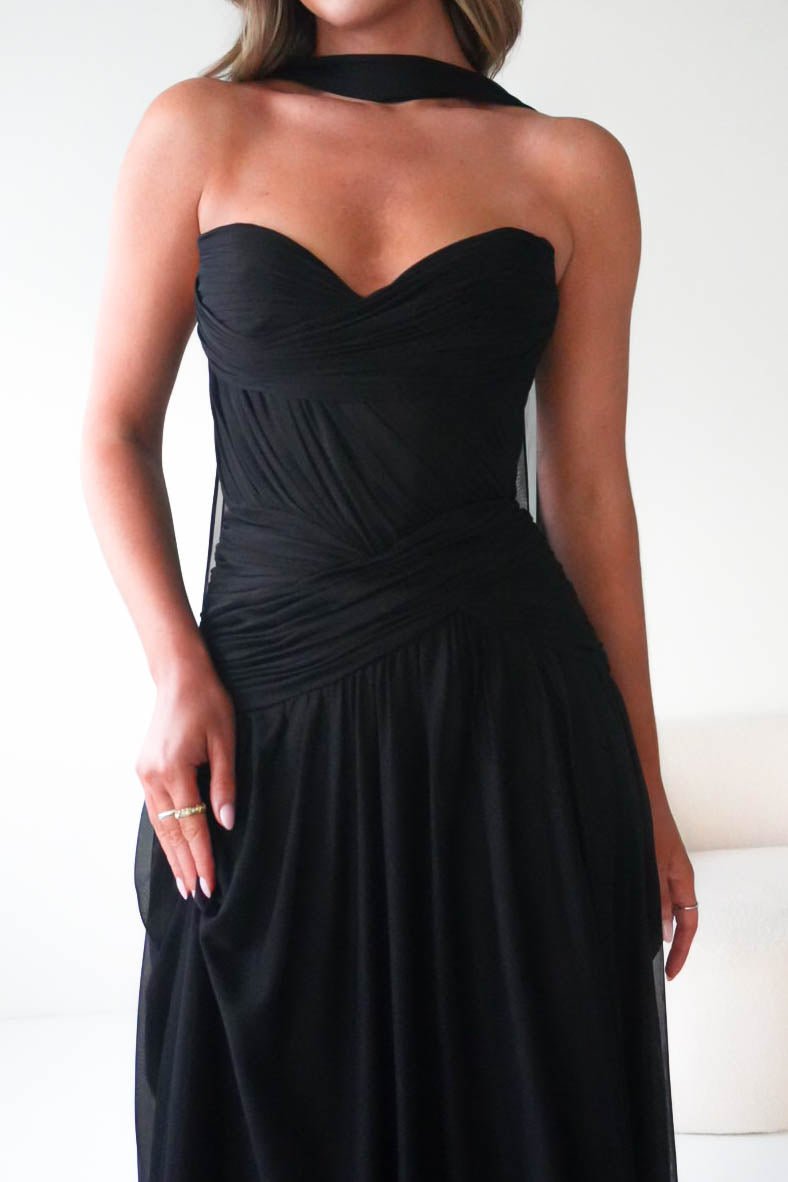 Oh Hello Clothing Dresses Nicolette Strapless Chiffon Maxi Gown | Black