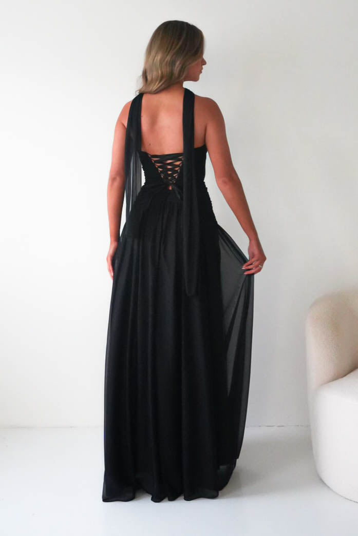Oh Hello Clothing Dresses Nicolette Strapless Chiffon Maxi Gown | Black