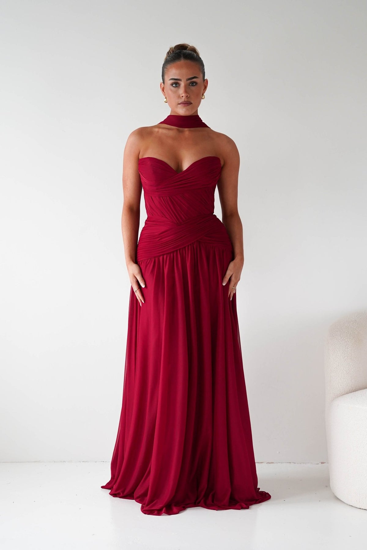 Red Strapless Chiffon Wedding Guest Maxi Dress | Nicolette