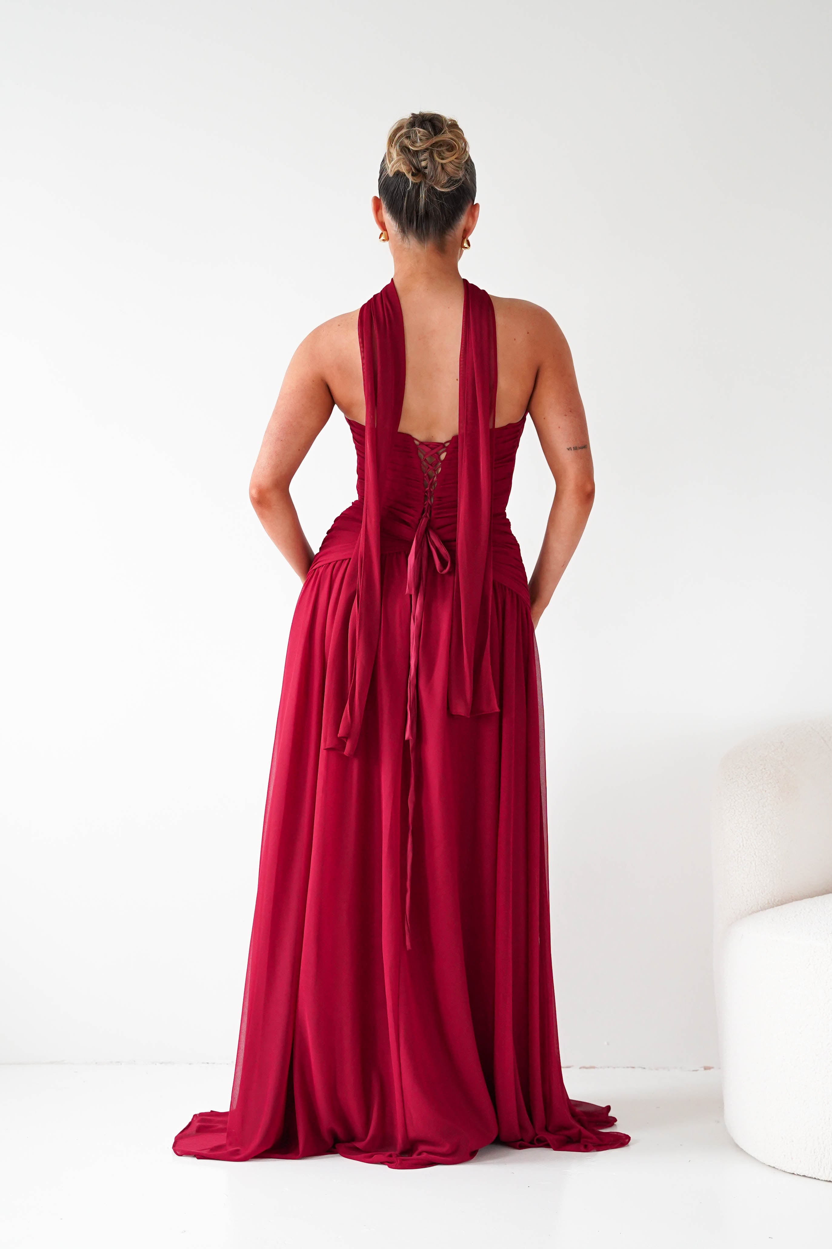 Oh Hello Clothing Dresses Nicolette Strapless Chiffon Maxi Gown | Dark Red